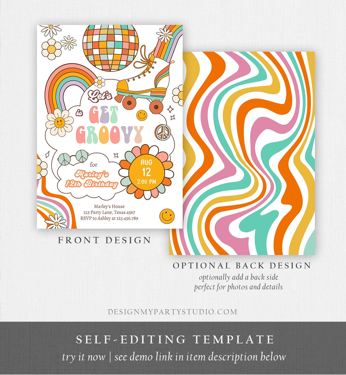 Editable Retro Roller Skate Birthday Party Invitation Let's Get Groovy Skating Kids 70's Skate Invite Download Template Corjl Digital 0459