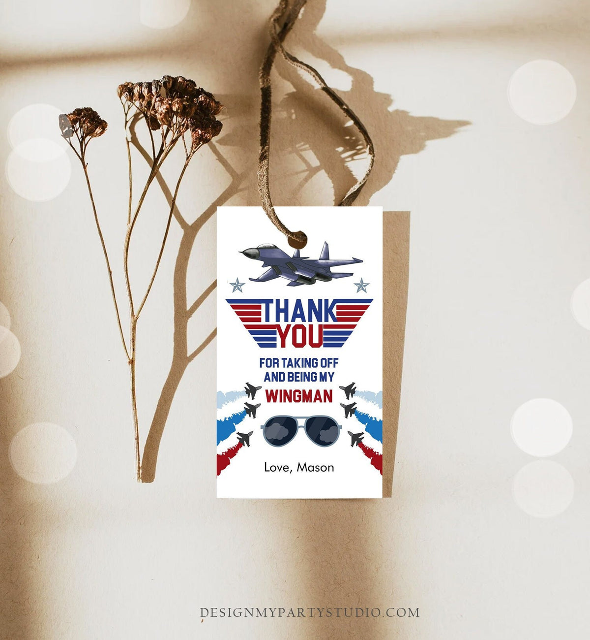 Editable Fighter Pilot Favor Tags Birthday Thank You Tag Fighter Jet Pilot 1st One Boy Military Jet Airplane Blue Boy Corjl Template 0469