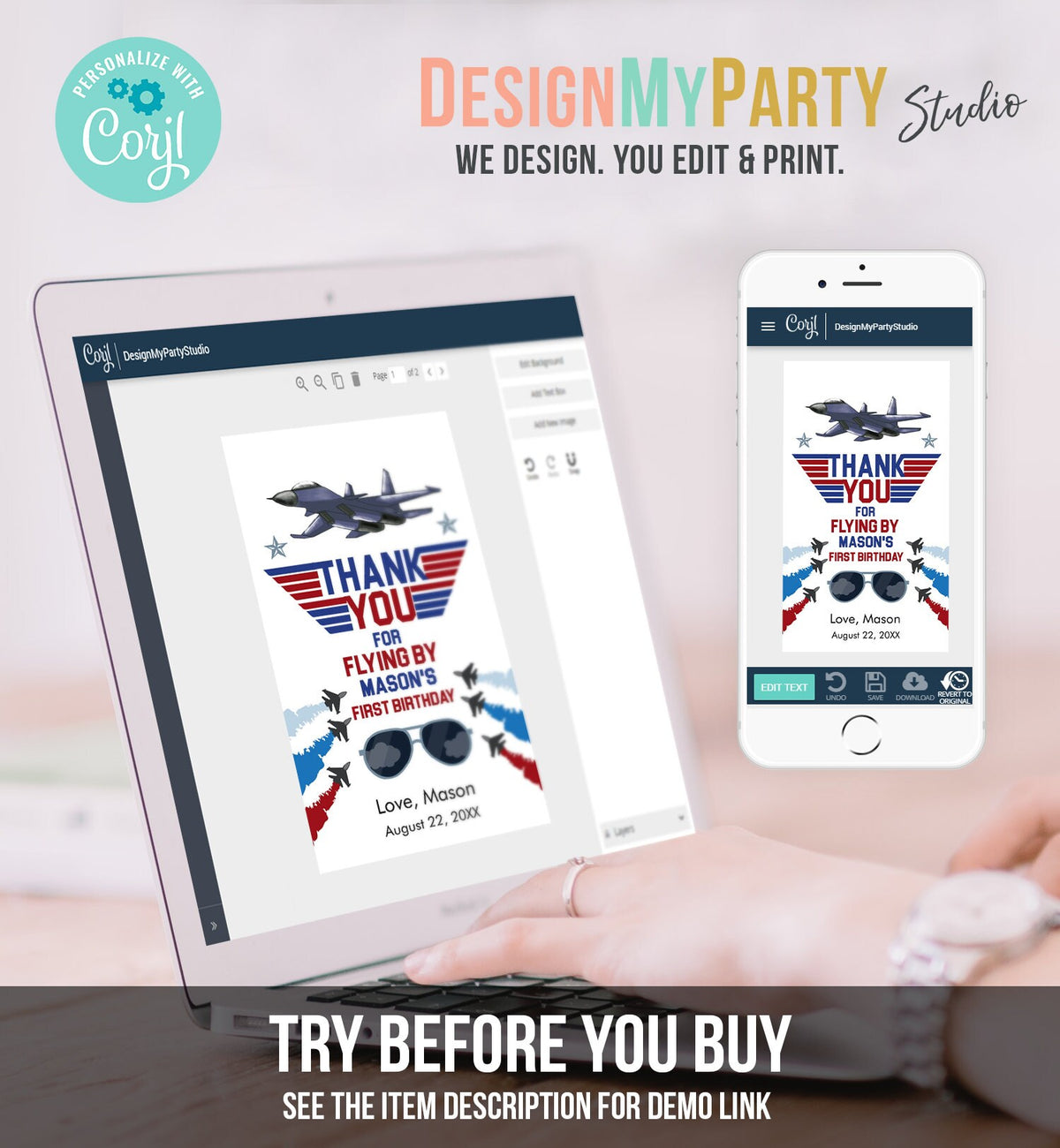 Editable Fighter Pilot Favor Tags Birthday Thank You Tag Fighter Jet Pilot 1st One Boy Military Jet Airplane Blue Boy Corjl Template 0469