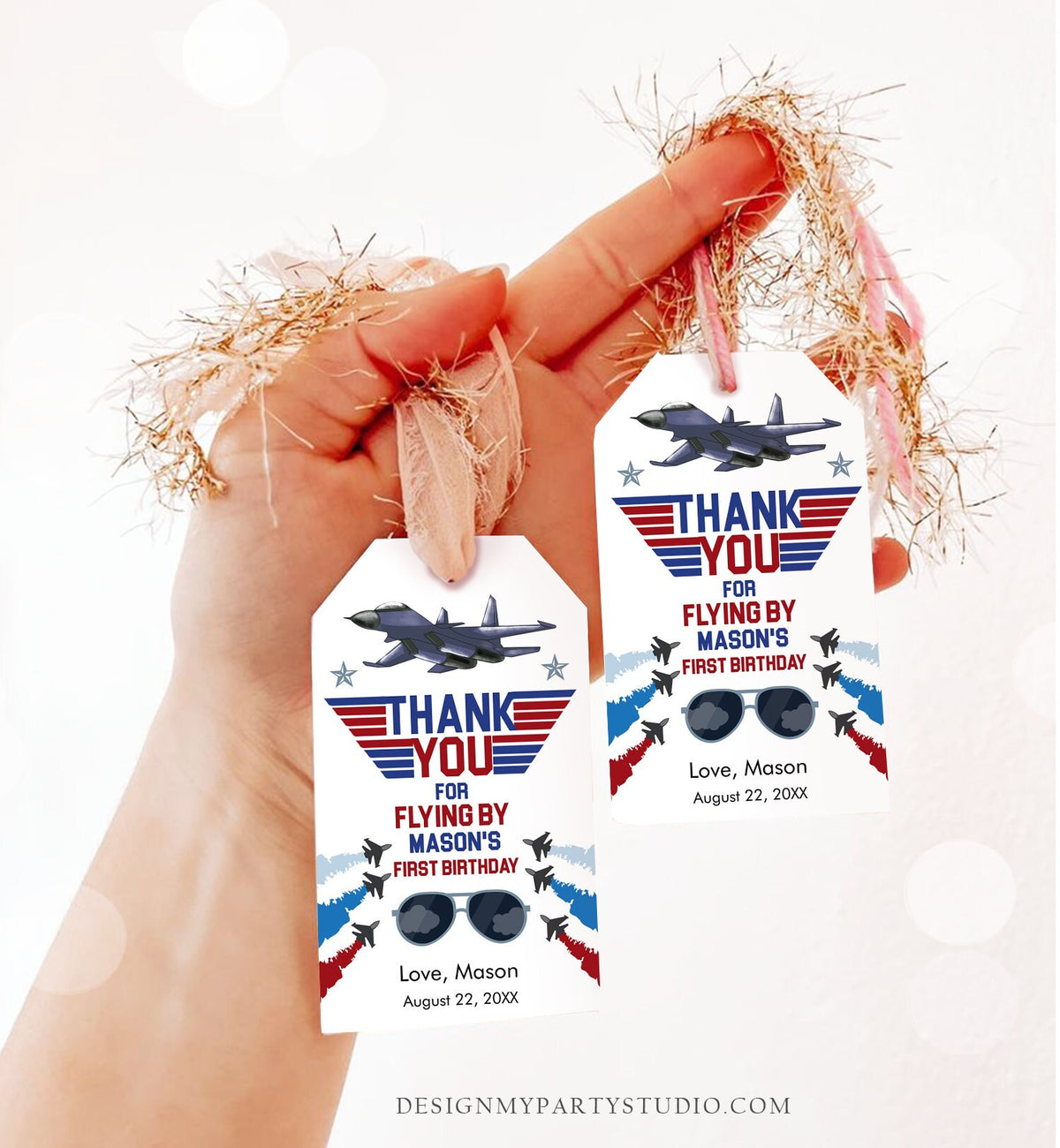Editable Fighter Pilot Favor Tags Birthday Thank You Tag Fighter Jet Pilot 1st One Boy Military Jet Airplane Blue Boy Corjl Template 0469
