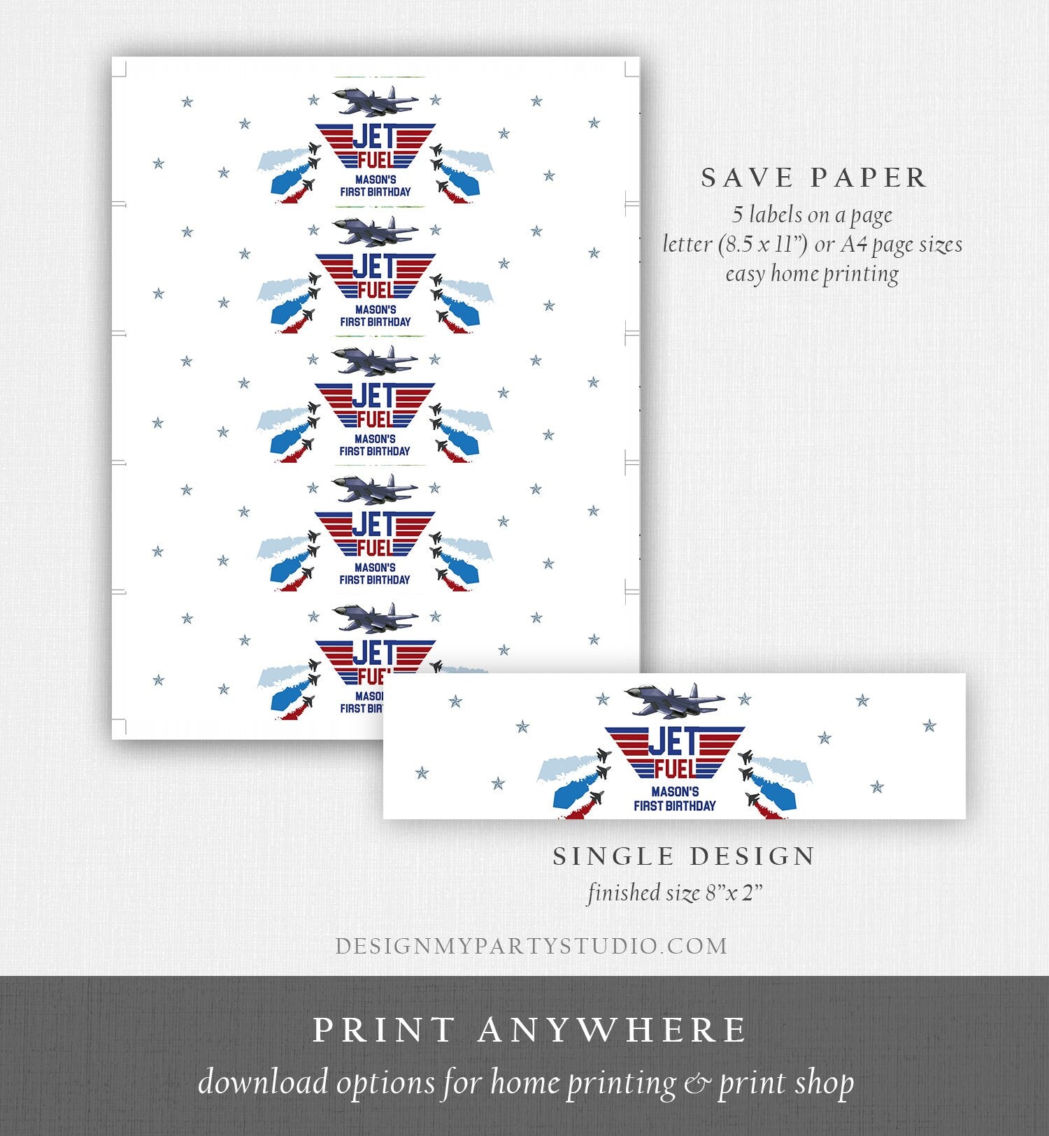 Editable Fighter Pilot Water Bottle Labels Jet Fuel Labels Boy Birthday Airplane Fighter Jet Danger Zone Decor Printable Template Corjl 0469