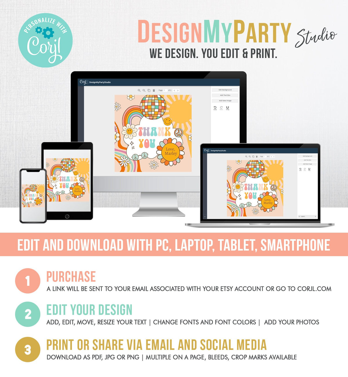 Editable Retro Favor Tags 1st 2nd Groovy Birthday Thank you Tags Flower Power Sticker 70s Floral Hippie Smiley Template Corjl PRINTABLE 0459