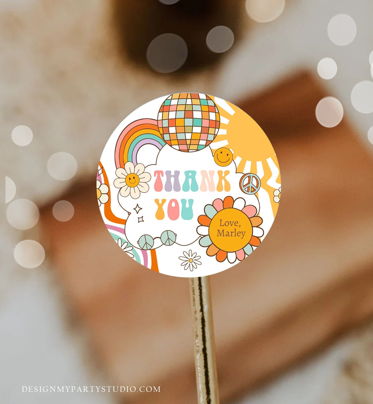 Editable Retro Favor Tags 1st 2nd Groovy Birthday Thank you Tags Flower Power Sticker 70s Floral Hippie Smiley Template Corjl PRINTABLE 0459