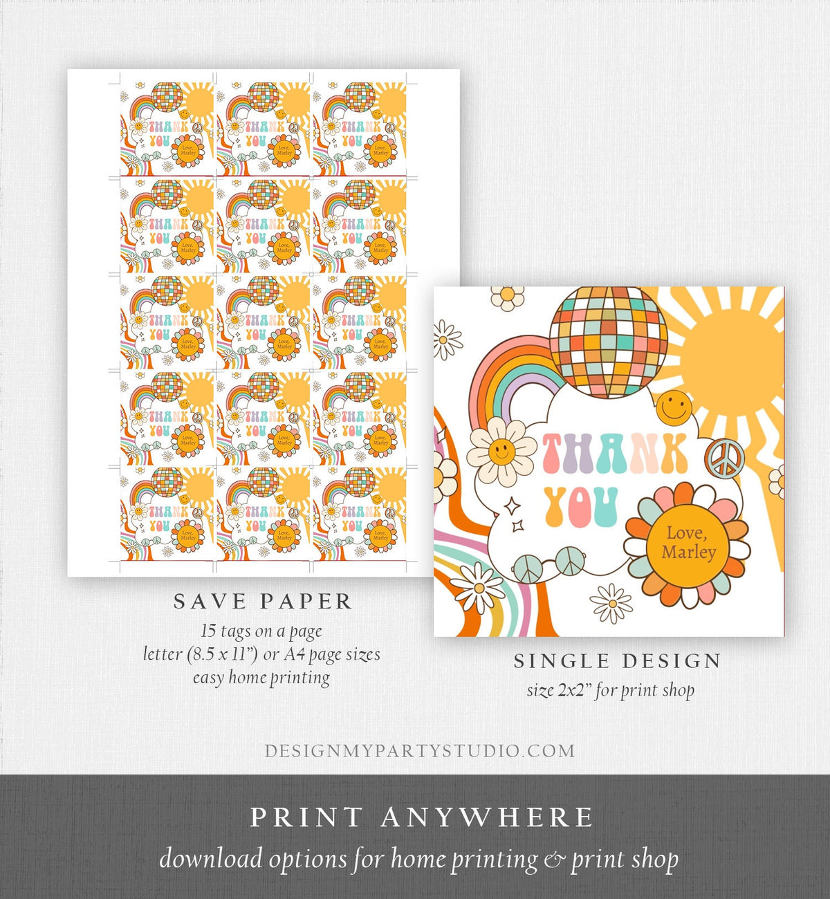 Editable Retro Favor Tags 1st 2nd Groovy Birthday Thank you Tags Flower Power Sticker 70s Floral Hippie Smiley Template Corjl PRINTABLE 0459
