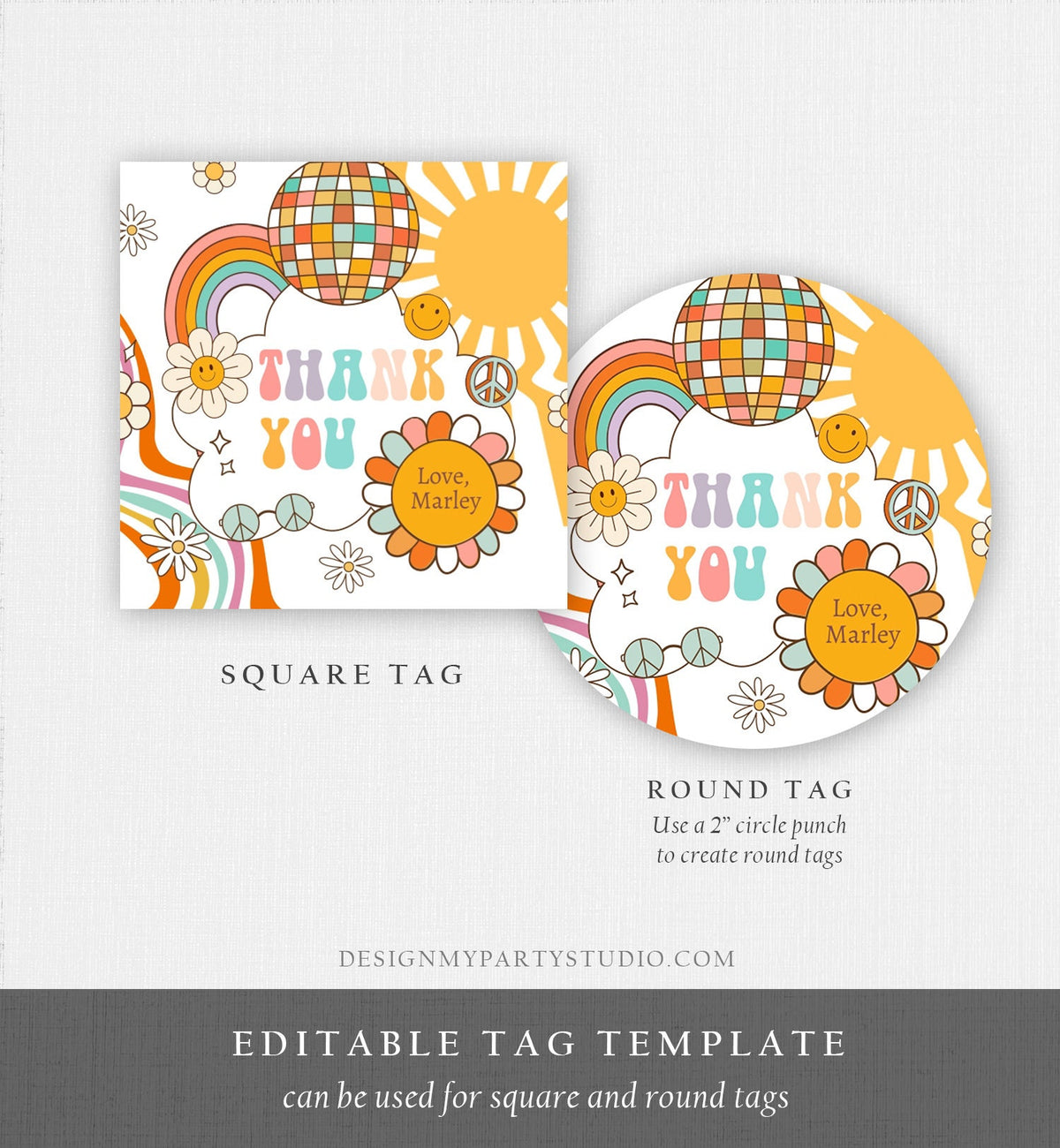 Editable Retro Favor Tags 1st 2nd Groovy Birthday Thank you Tags Flower Power Sticker 70s Floral Hippie Smiley Template Corjl PRINTABLE 0459