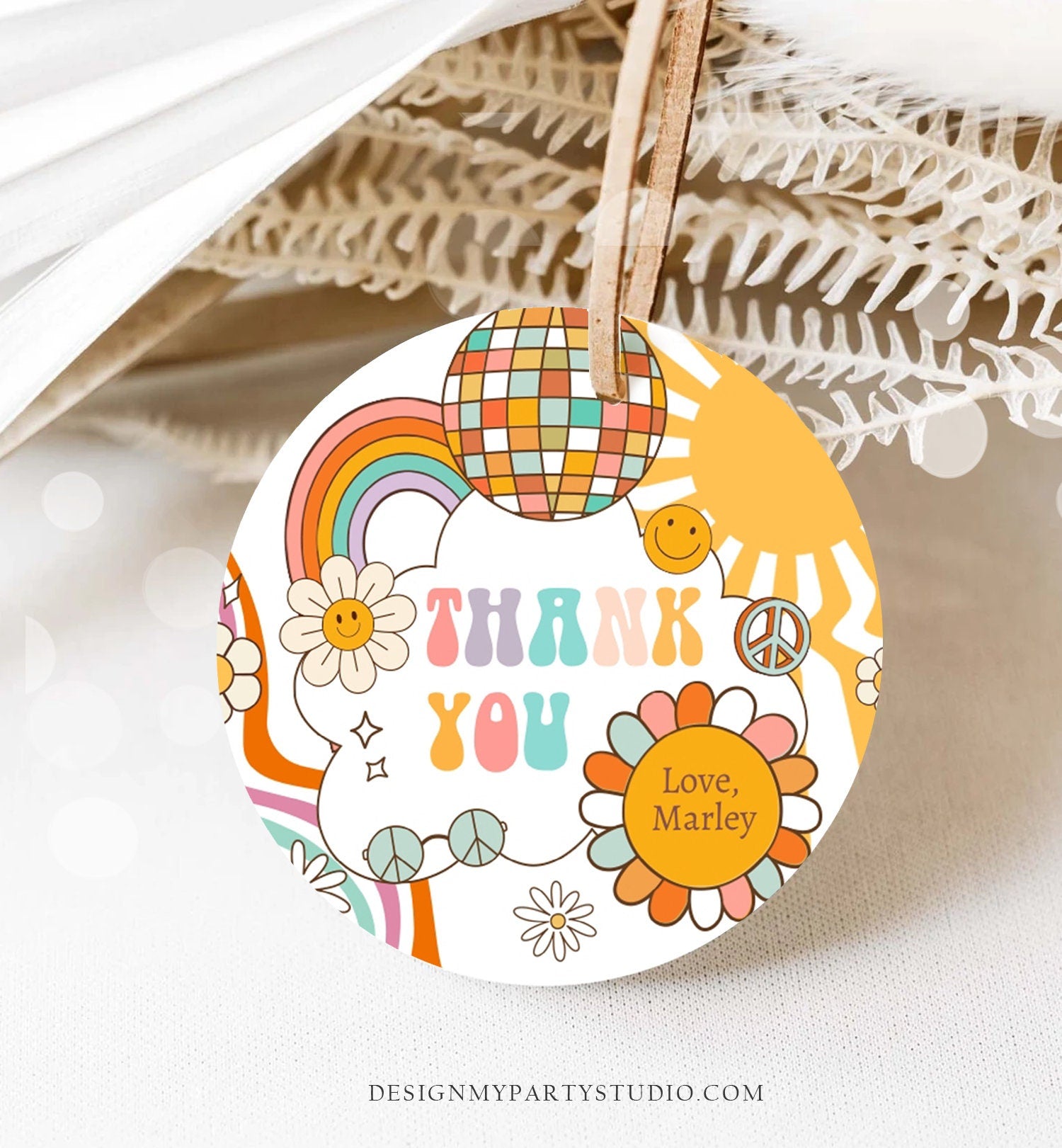 Editable Retro Favor Tags 1st 2nd Groovy Birthday Thank you Tags Flower Power Sticker 70s Floral Hippie Smiley Template Corjl PRINTABLE 0459