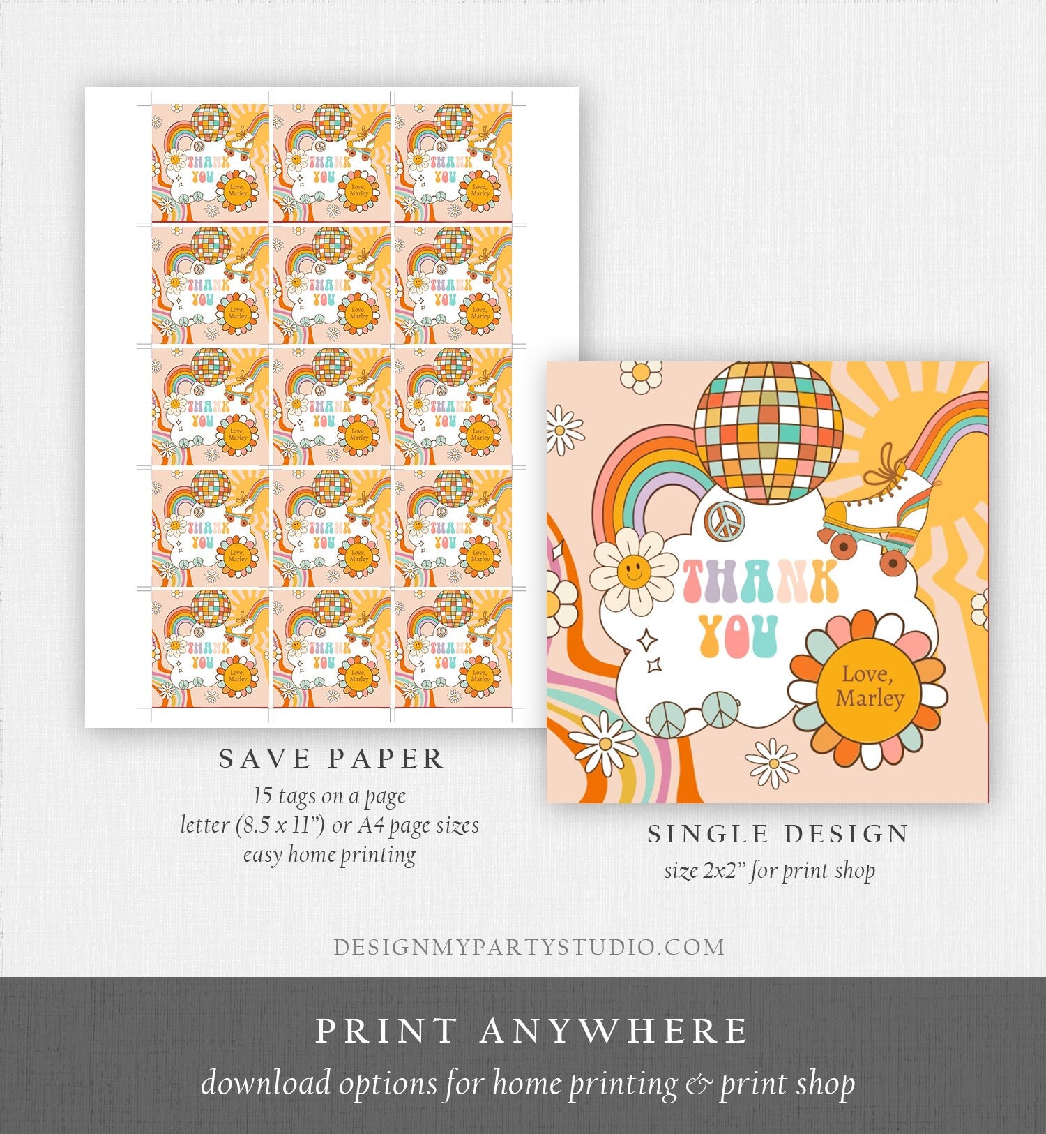 Editable Roller Skating Favor Tag Roller Skate Birthday Thank You Sticker Girl Retro Skate Party Download Printable Corjl Template 0459