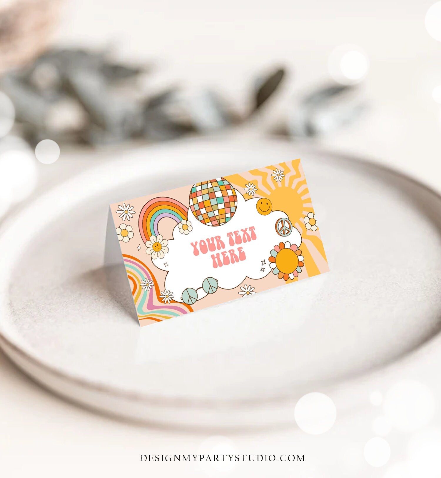 Editable Groovy Food Labels Retro Flower Power 70's Groovy Birthday Place Card Tent Card Folded Smiley Vibes Printable Template Corjl 0459