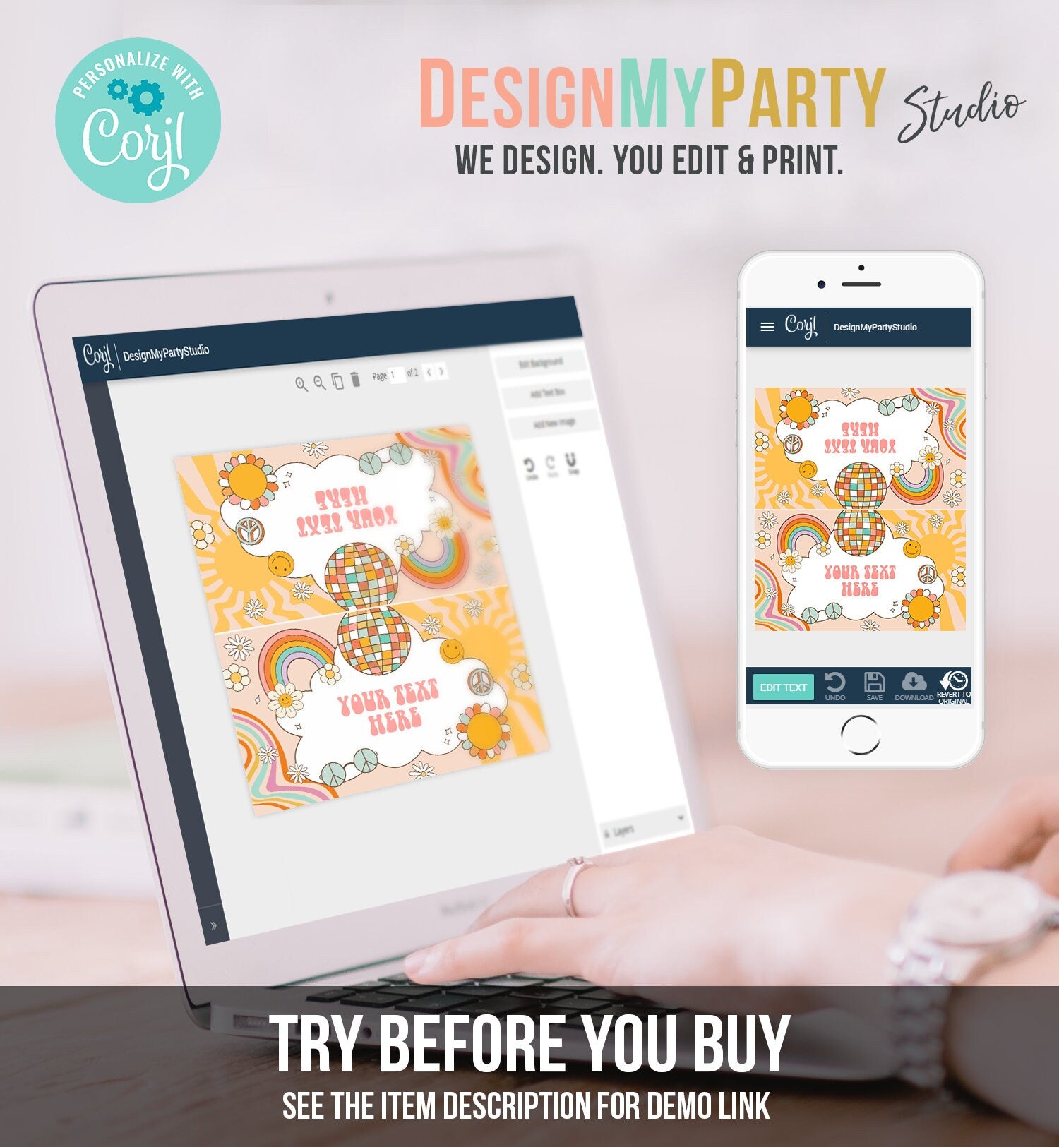 Editable Groovy Food Labels Retro Flower Power 70's Groovy Birthday Place Card Tent Card Folded Smiley Vibes Printable Template Corjl 0459