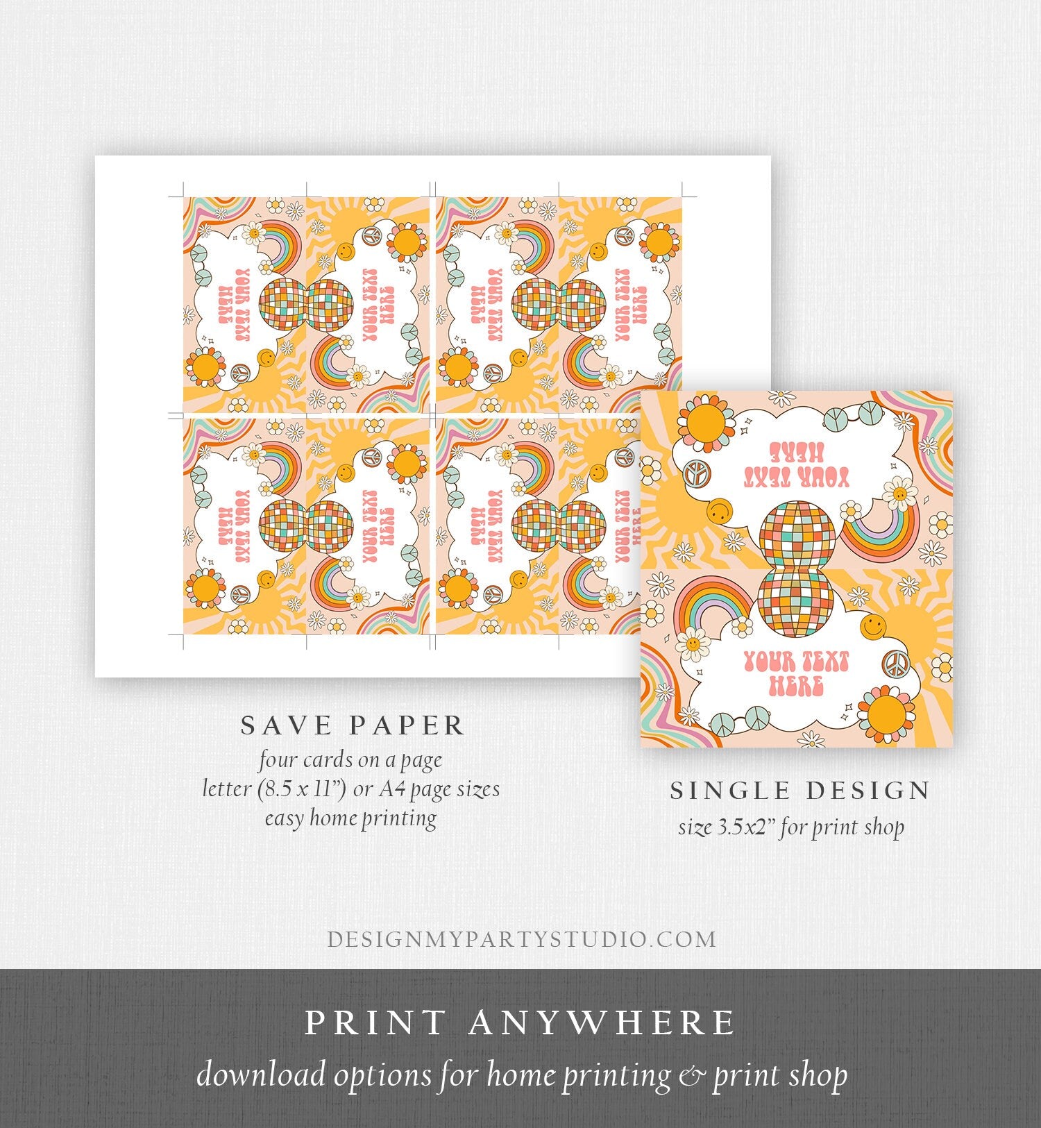Editable Groovy Food Labels Retro Flower Power 70's Groovy Birthday Place Card Tent Card Folded Smiley Vibes Printable Template Corjl 0459