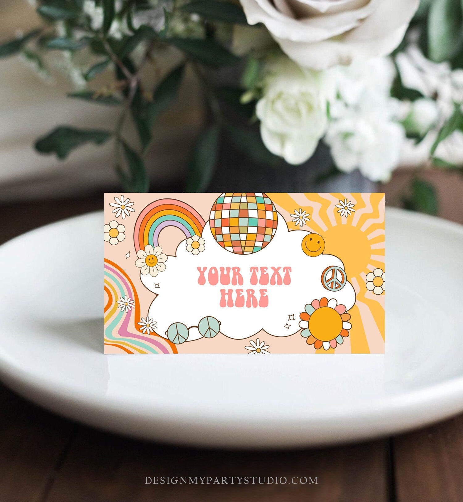 Editable Groovy Food Labels Retro Flower Power 70's Groovy Birthday Place Card Tent Card Folded Smiley Vibes Printable Template Corjl 0459