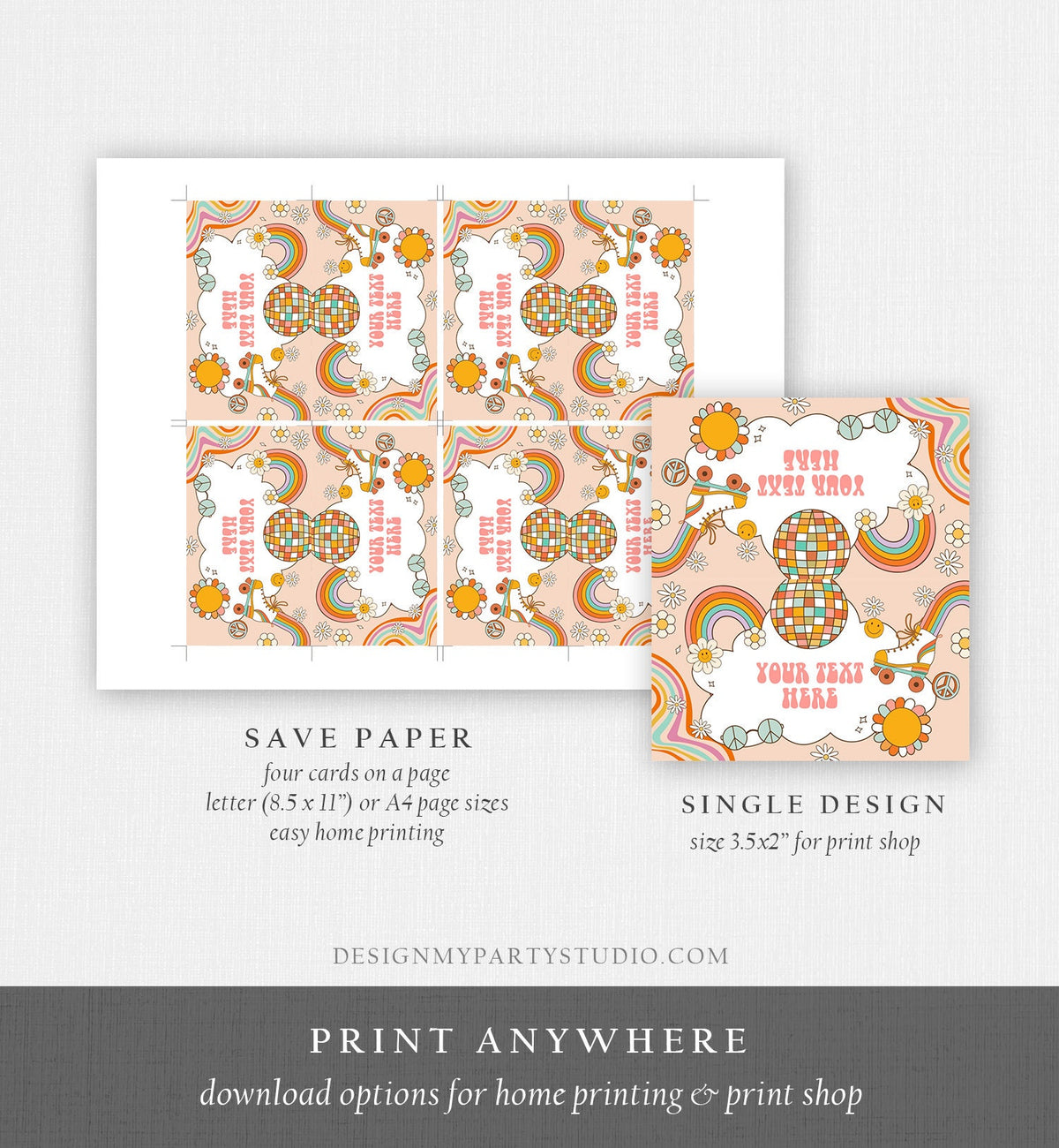 Editable Roller Skate Food Labels Roller Skate Birthday Place Card Tent Card Girl Retro Skating Groovy Decor Digital Corjl Template 0459