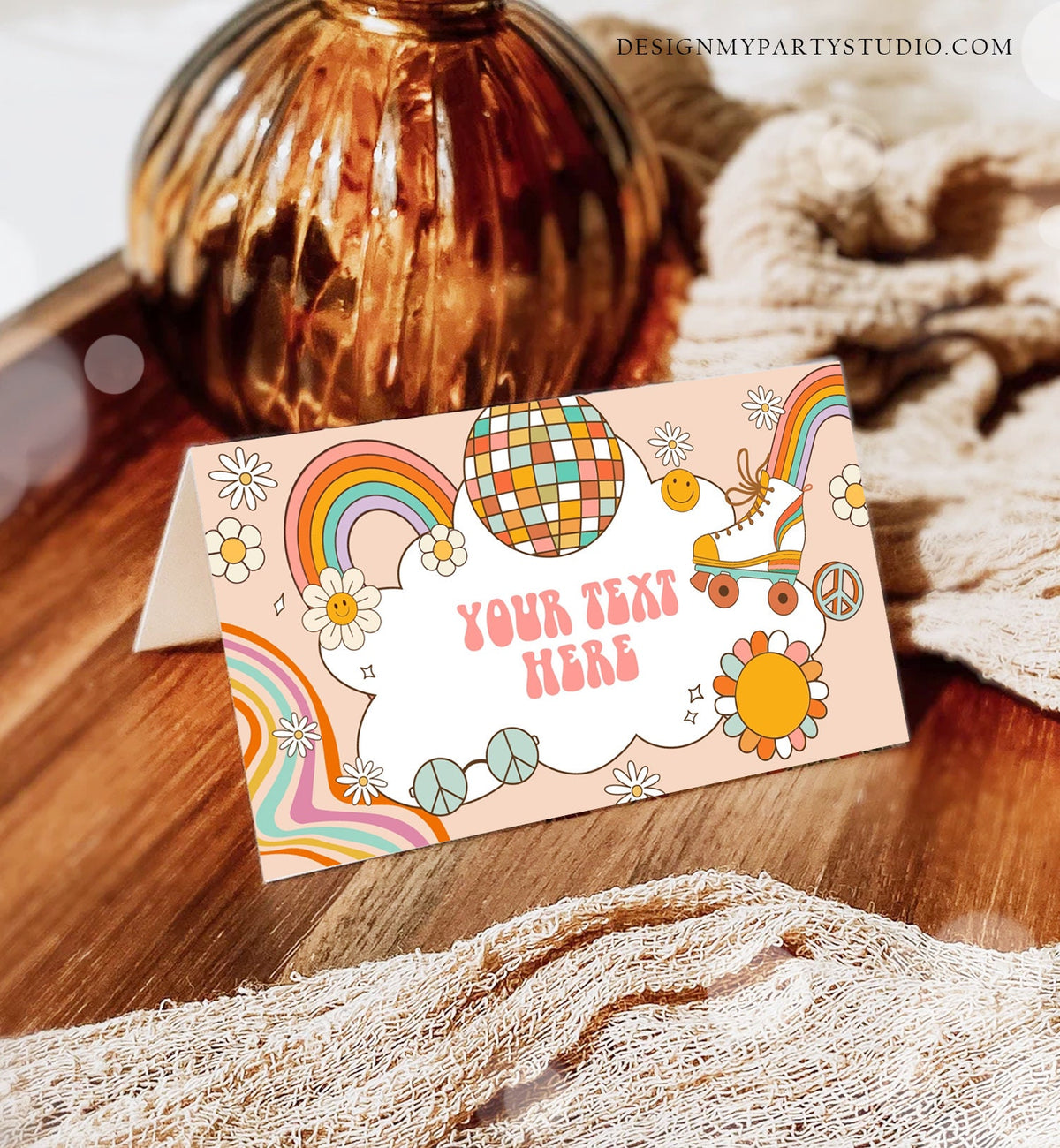 Editable Roller Skate Food Labels Roller Skate Birthday Place Card Tent Card Girl Retro Skating Groovy Decor Digital Corjl Template 0459