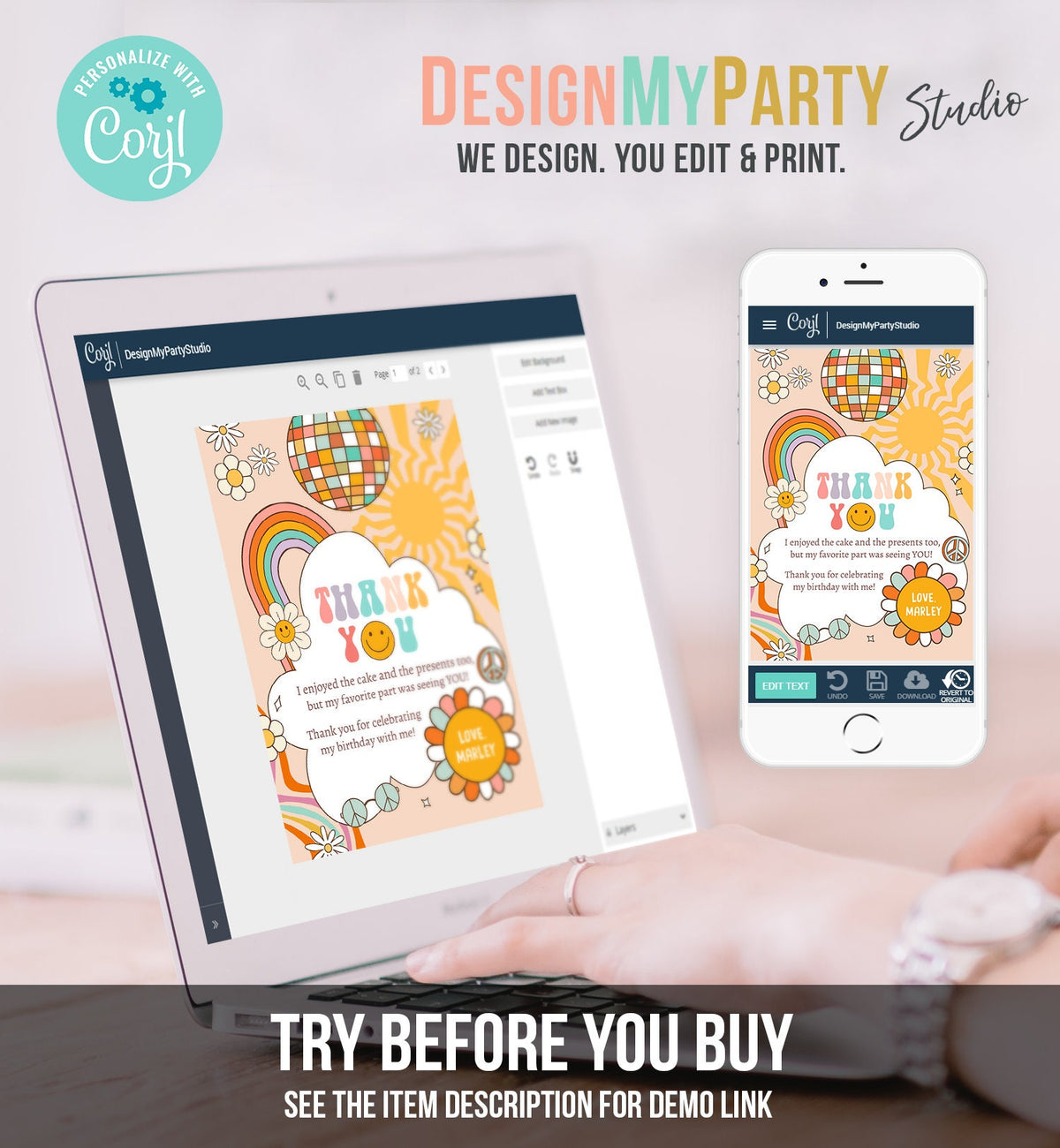 Editable Groovy Birthday Thank You Card Groovy Party One Groovy Babe Rainbow Retro Two Groovy Download Printable Template Corjl Digital 0459