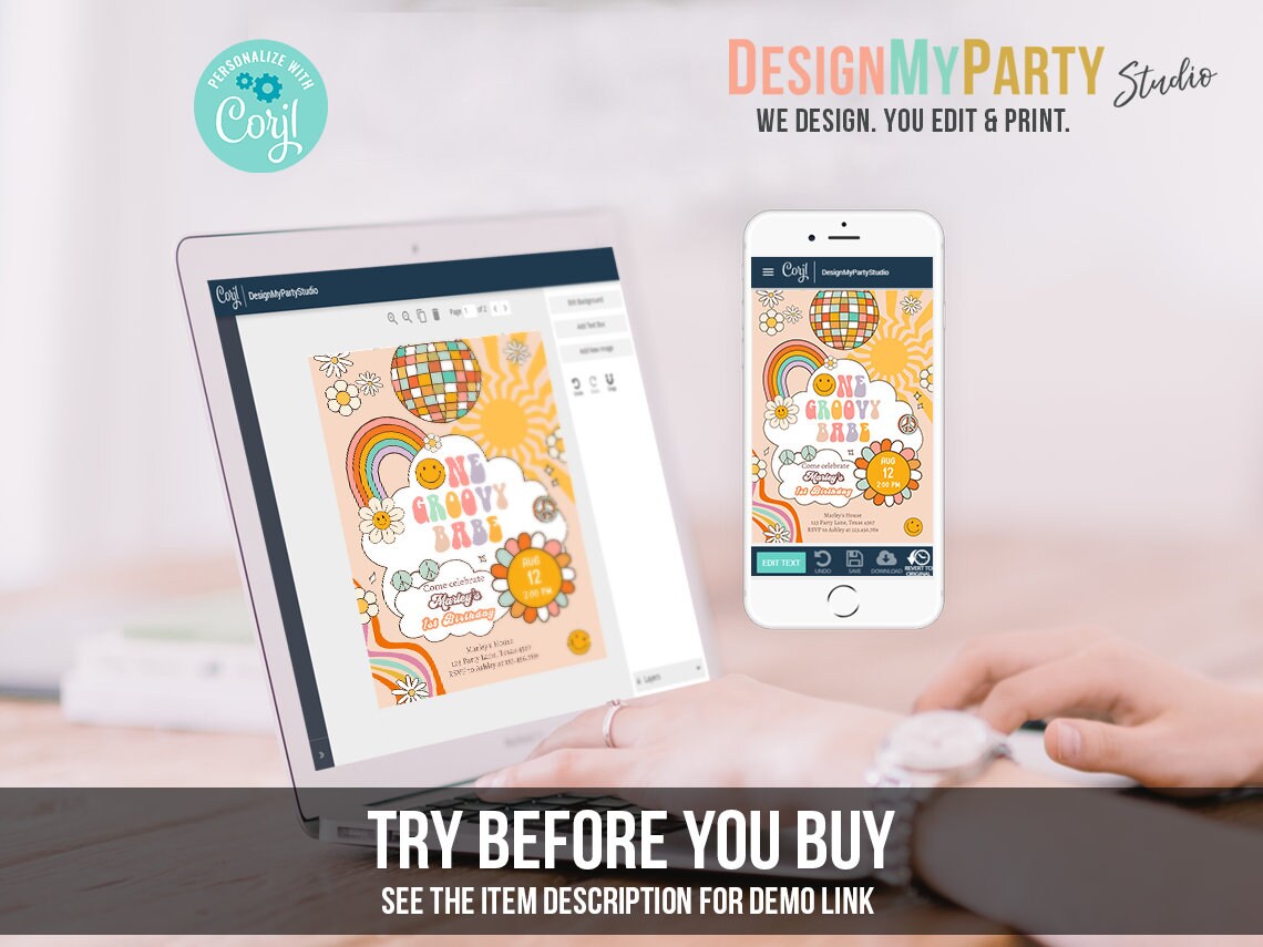Groovy Birthday Invitation Bundle Groovy Invitation Kit Retro Birthday Rainbow Party Pack Flower Power Daisy Printable Corjl Template 0459