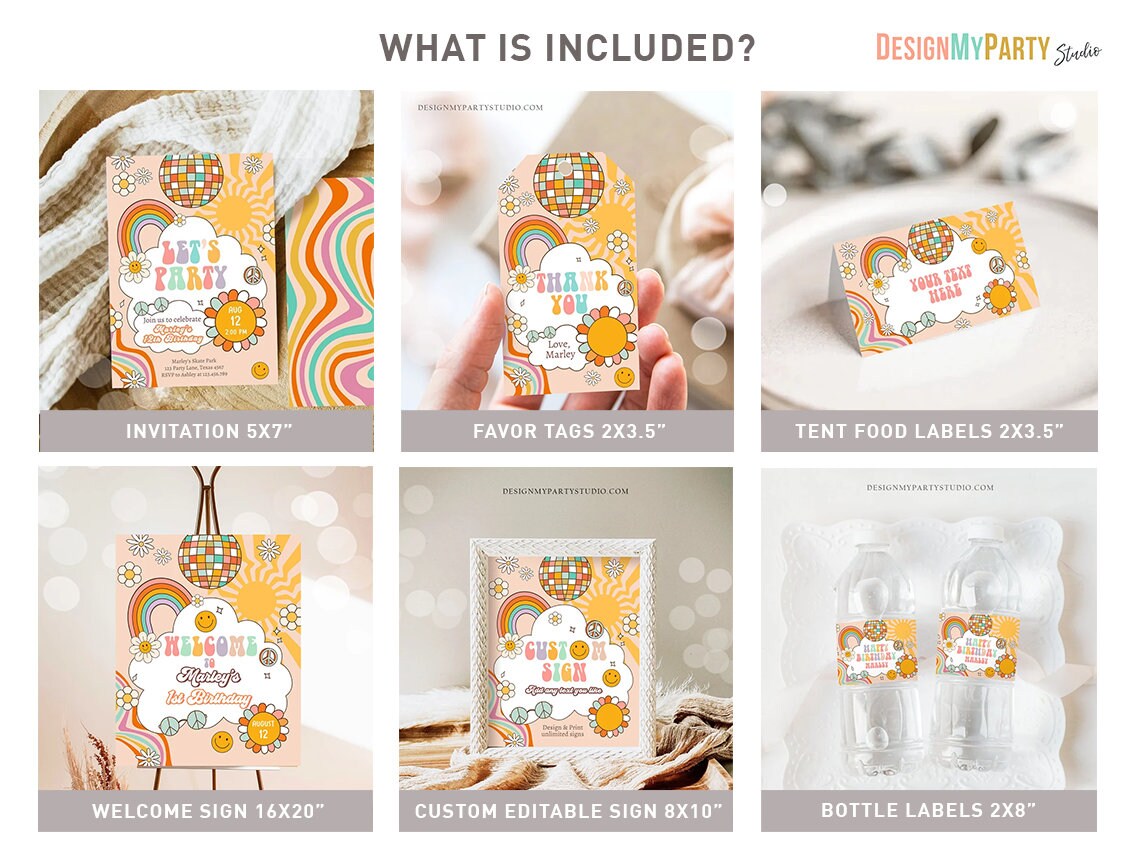 Groovy Birthday Invitation Bundle Groovy Invitation Kit Retro Birthday Rainbow Party Pack Flower Power Daisy Printable Corjl Template 0459