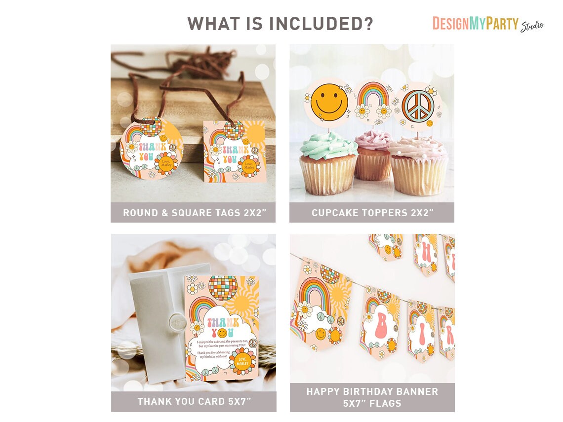 Groovy Birthday Invitation Bundle Groovy Invitation Kit Retro Birthday Rainbow Party Pack Flower Power Daisy Printable Corjl Template 0459