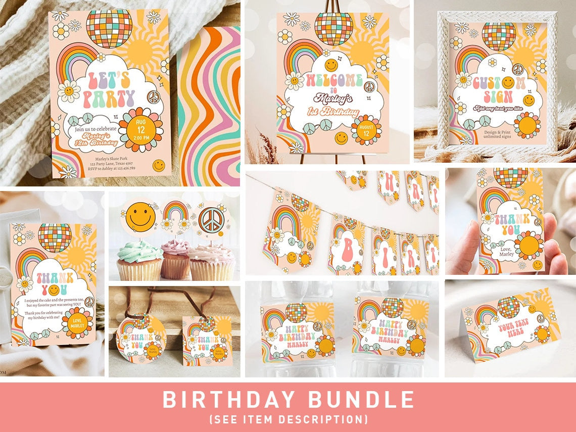 Groovy Birthday Invitation Bundle Groovy Invitation Kit Retro Birthday Rainbow Party Pack Flower Power Daisy Printable Corjl Template 0459