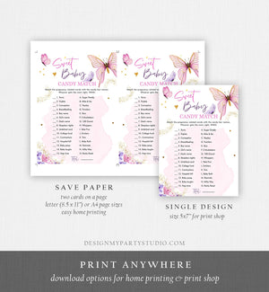 Editable Sweet Baby Candy Match Baby Shower Game Butterfly Baby Shower Floral Butterflies Lilac Pink Activity Corjl Template Printable 0437