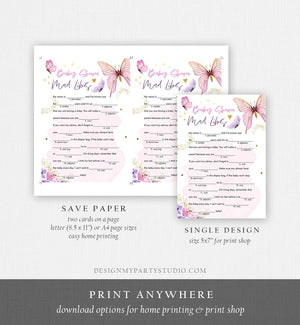 Editable Baby Shower Mad Libs Game Butterfly Baby Shower Floral Butterflies Pink Purple Lilac Activity Corjl Template Printable 0437