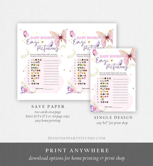 Editable Emoji Pictionary Baby Shower Game Butterfly Baby Books Floral Butterflies Pink Purple Lilac Activity Corjl Template Printable 0437