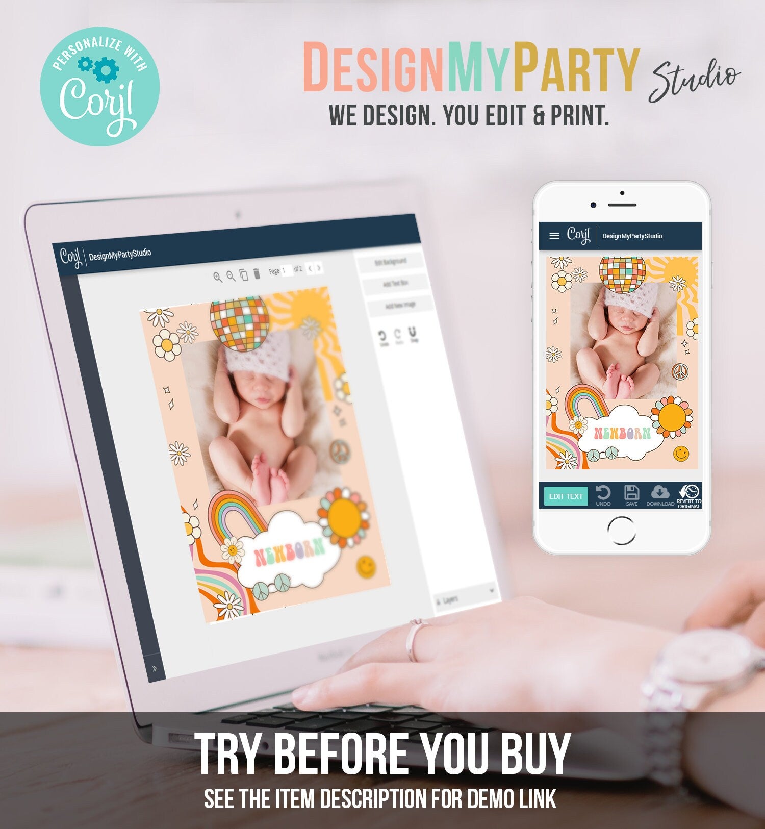 Editable Groovy Monthly Photo Banner Groovy One 1st Birthday Banner Girl First Birthday One Groovy Babe Rainbow Decor Corjl Template 0459