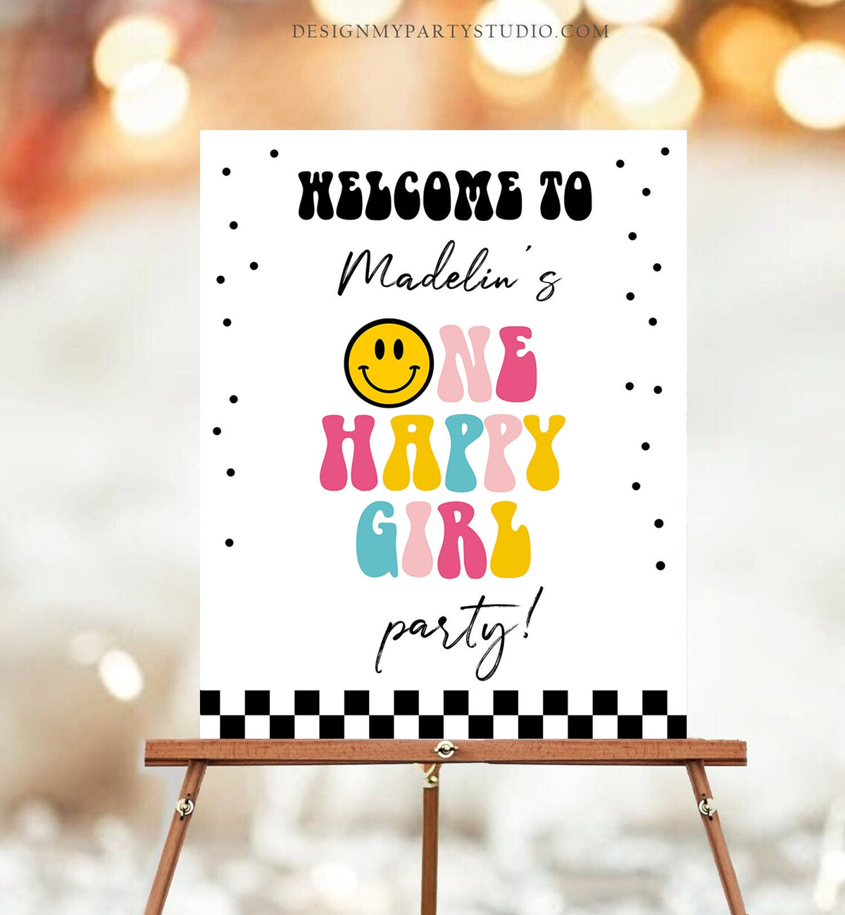 Editable Smiley Face Welcome Sign One Happy Girl Birthday Welcome Poster Girl 1st Birthday Checkered Decor Template Corjl PRINTABLE 0456
