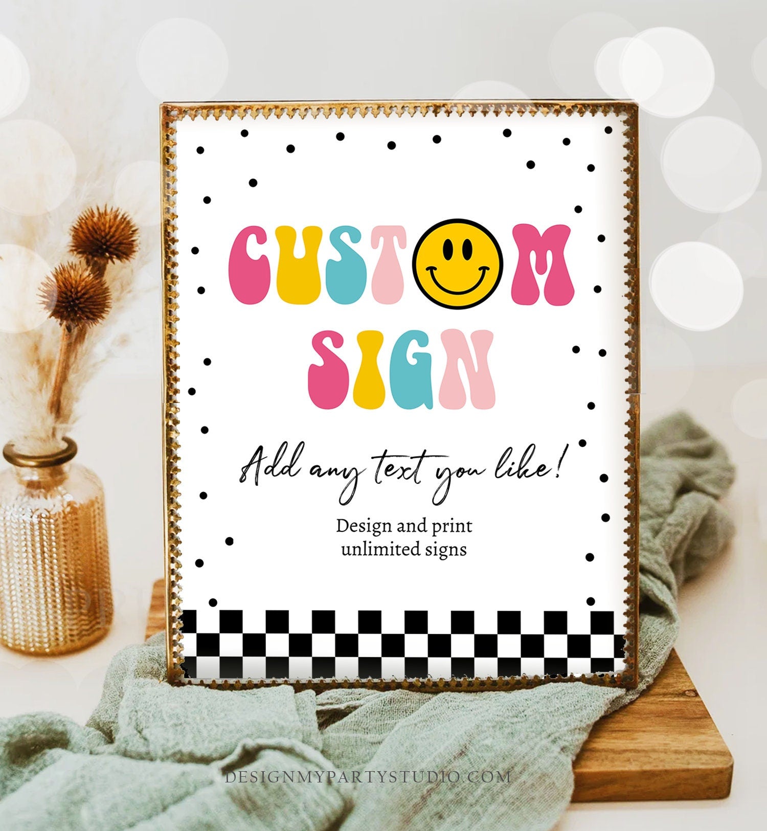 Editable Custom Sign Smiley Face Birthday Party Sign One Happy Girl Happy Face Party Decor Checkered Girl 8x10 Download PRINTABLE Corjl 0456