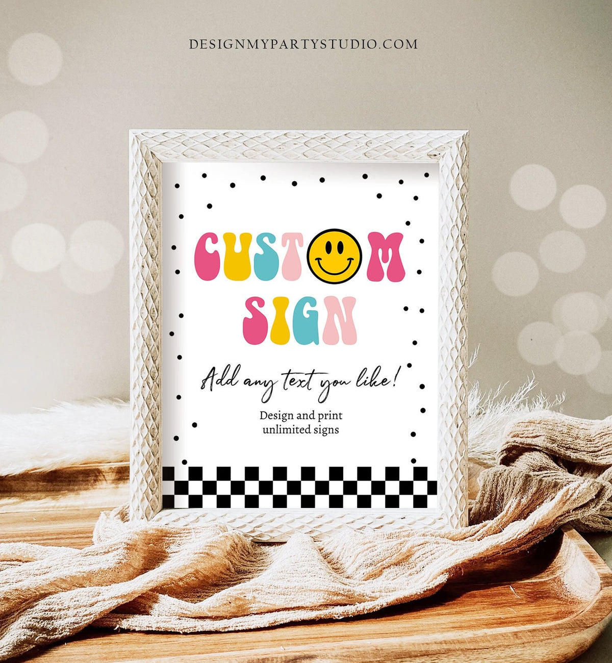 Editable Custom Sign Smiley Face Birthday Party Sign One Happy Girl Happy Face Party Decor Checkered Girl 8x10 Download PRINTABLE Corjl 0456