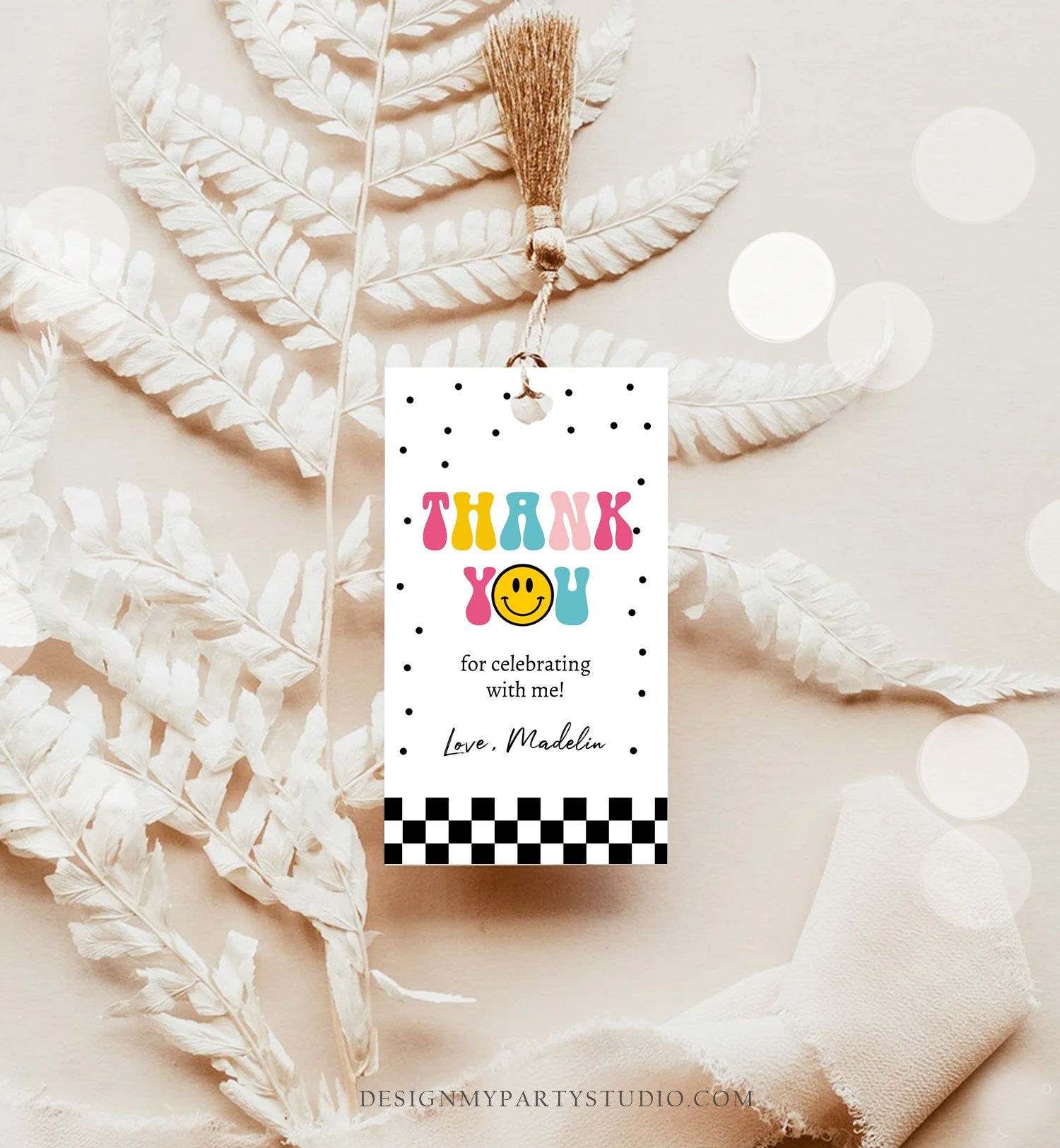 Editable One Happy Girl Birthday Favor Tags Smiley Face Thank You Tags Smiley Teen Birthday 1st Girl Gift Tag Download Corjl Template 0456