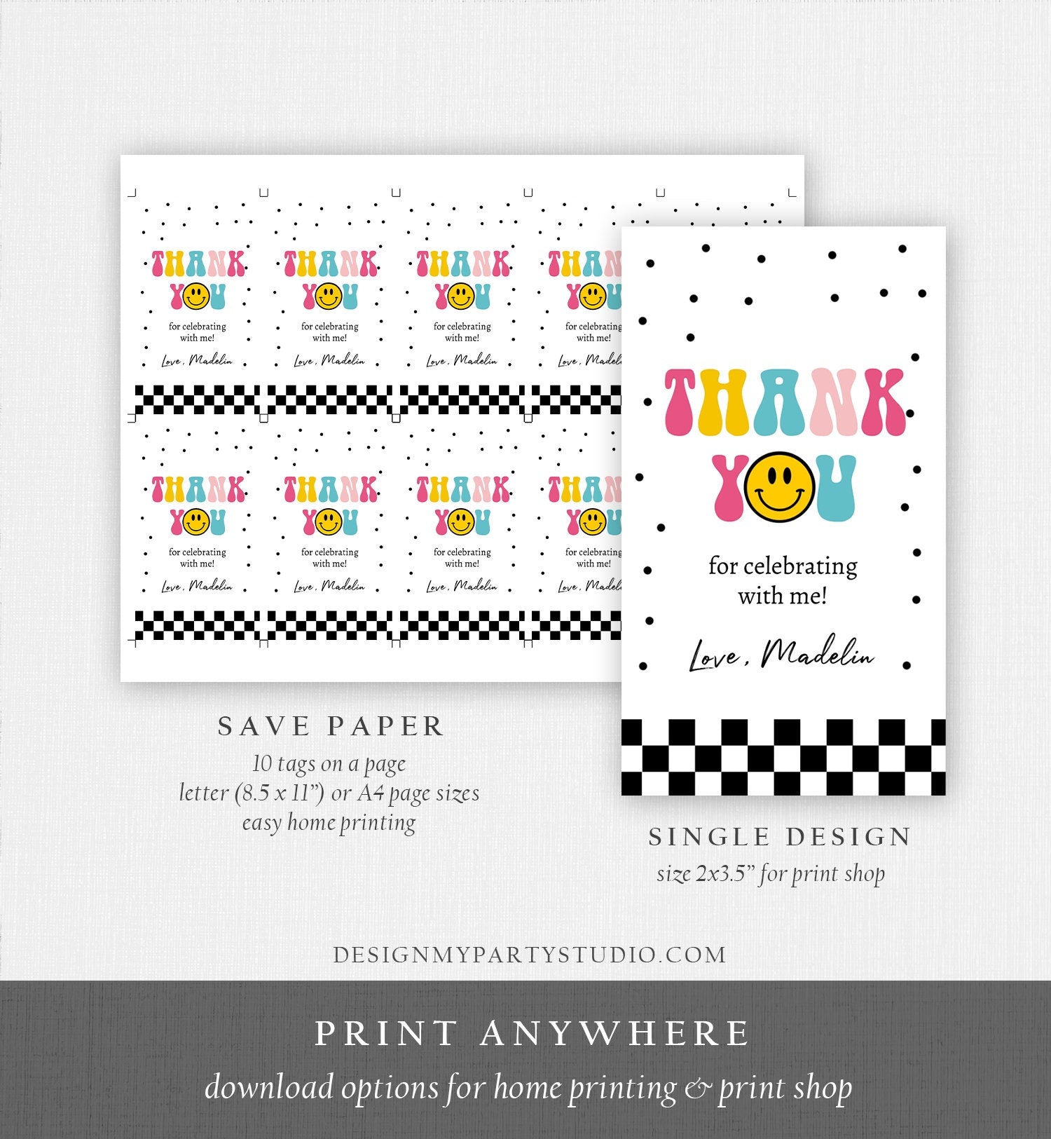 Editable One Happy Girl Birthday Favor Tags Smiley Face Thank You Tags Smiley Teen Birthday 1st Girl Gift Tag Download Corjl Template 0456