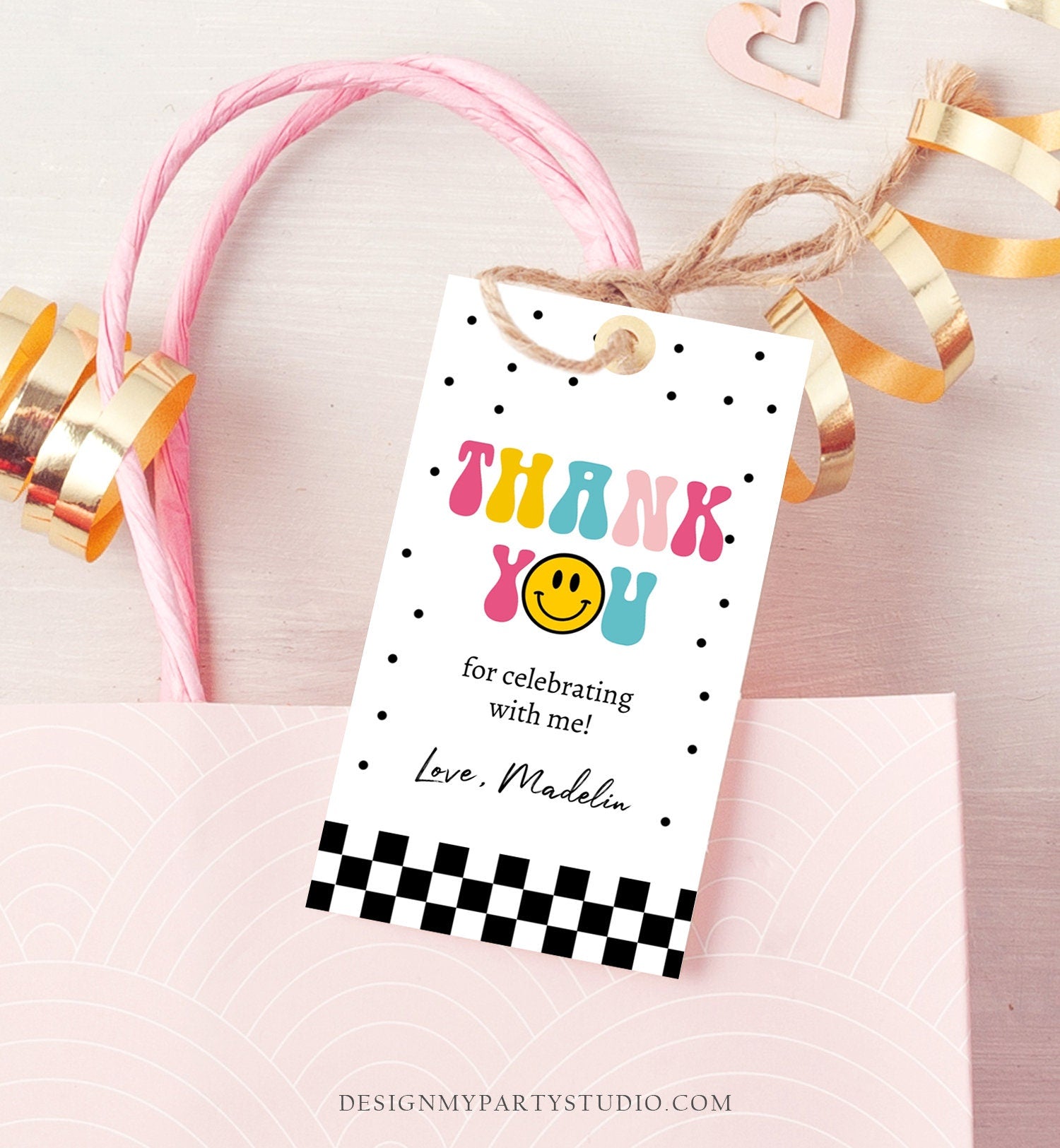 Editable One Happy Girl Birthday Favor Tags Smiley Face Thank You Tags Smiley Teen Birthday 1st Girl Gift Tag Download Corjl Template 0456