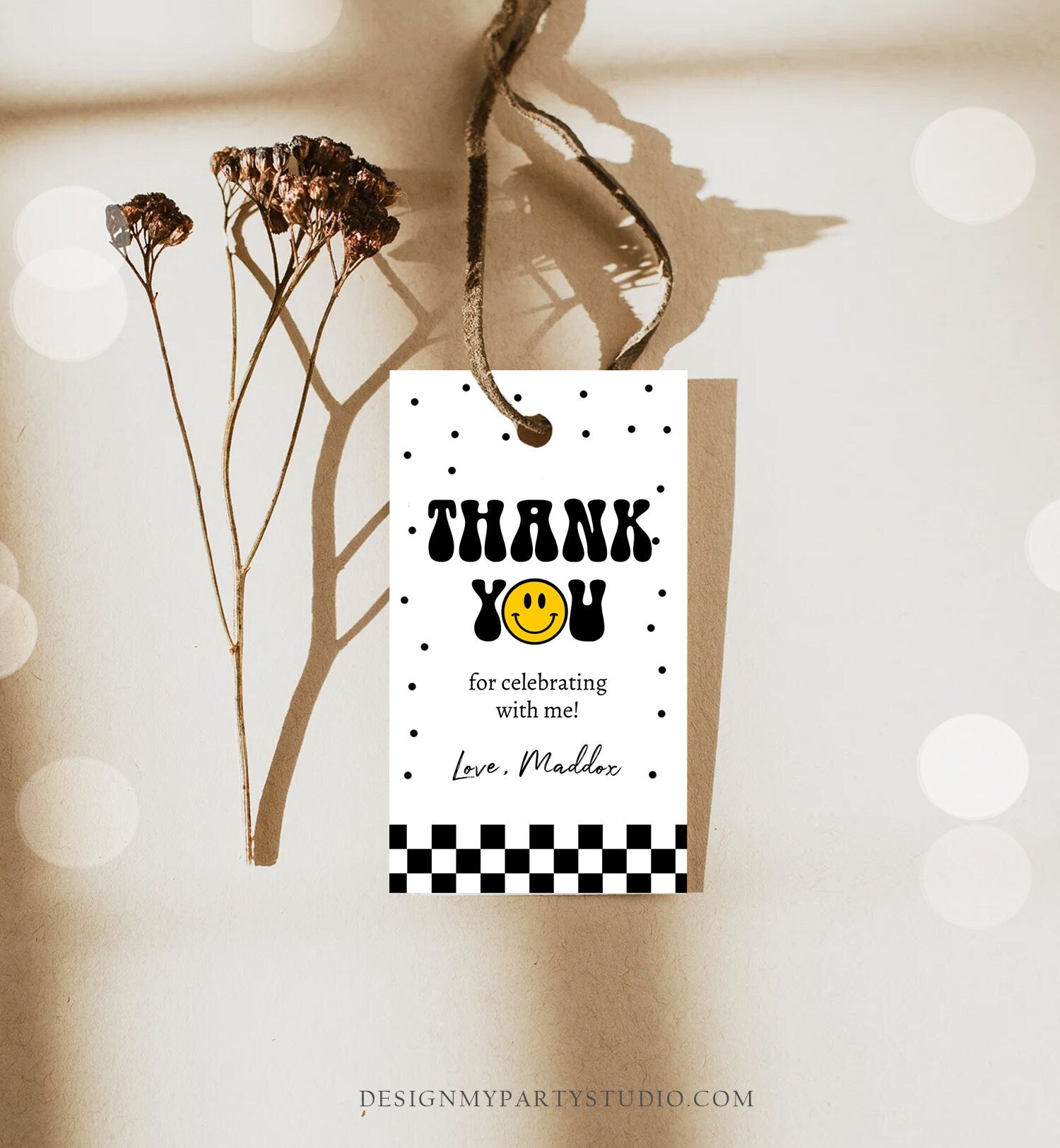 Editable One Happy Dude Birthday Favor Tags Smiley Face Thank You Tags Smiley Teen Birthday 1st Boy Gift Tag Download Corjl Template 0456
