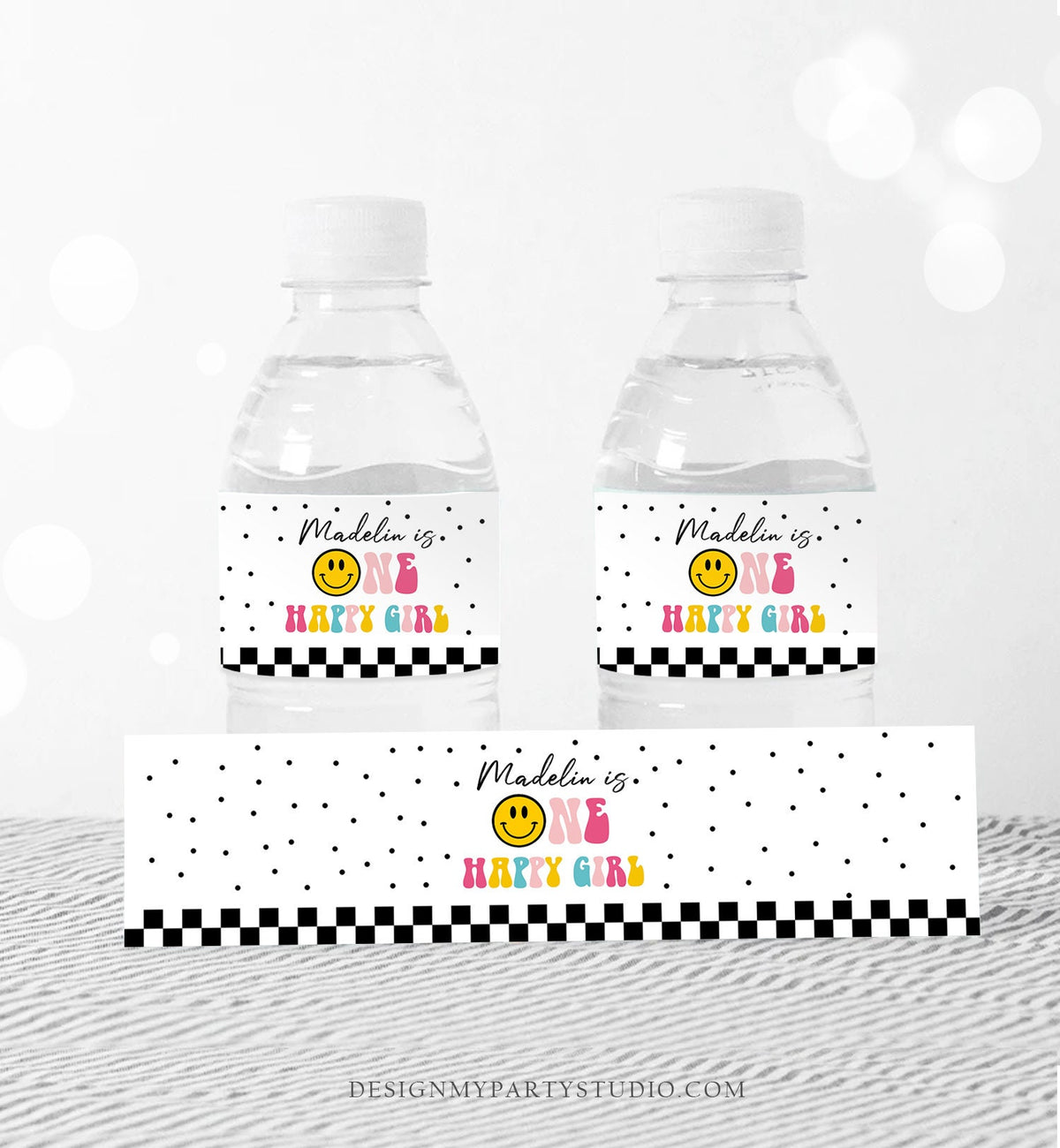 Editable One Happy Girl Birthday Water Bottle Labels Girl 1st Birthday Party Decor Smiley Face Birthday Smiley Printable Template Corjl 0456
