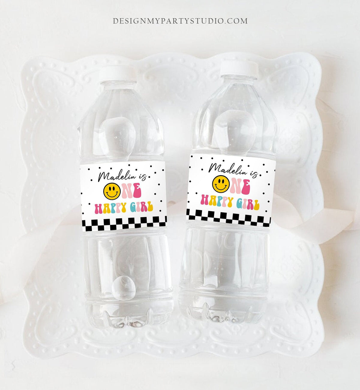 Editable One Happy Girl Birthday Water Bottle Labels Girl 1st Birthday Party Decor Smiley Face Birthday Smiley Printable Template Corjl 0456