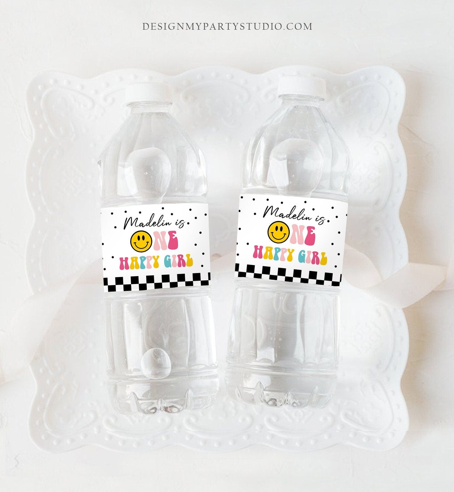 Editable One Happy Girl Birthday Water Bottle Labels Girl 1st Birthday Party Decor Smiley Face Birthday Smiley Printable Template Corjl 0456