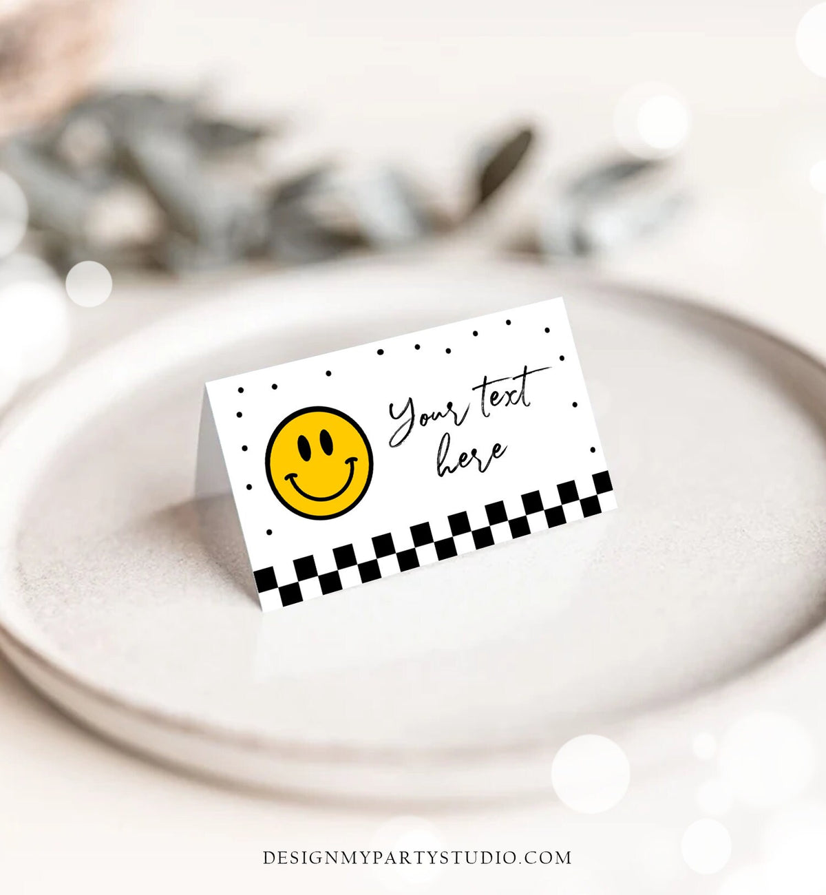 Editable Smiley Emoji Food Labels Birthday Place Card Tent Card Buffet Card One Happy Dude Girl Boy Smiley Face Decor Corjl Template 0456