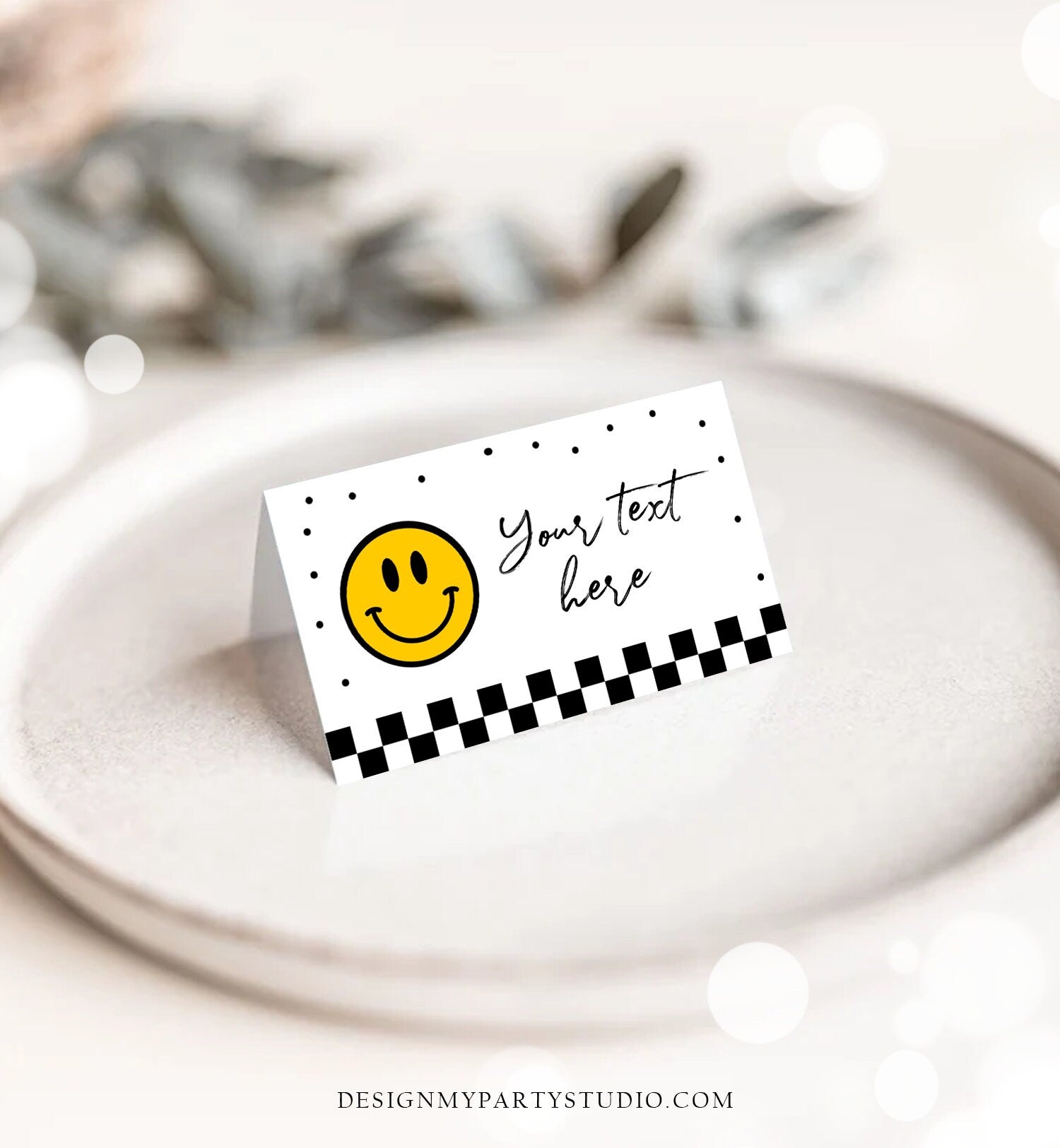 Editable Smiley Emoji Food Labels Birthday Place Card Tent Card Buffet Card One Happy Dude Girl Boy Smiley Face Decor Corjl Template 0456