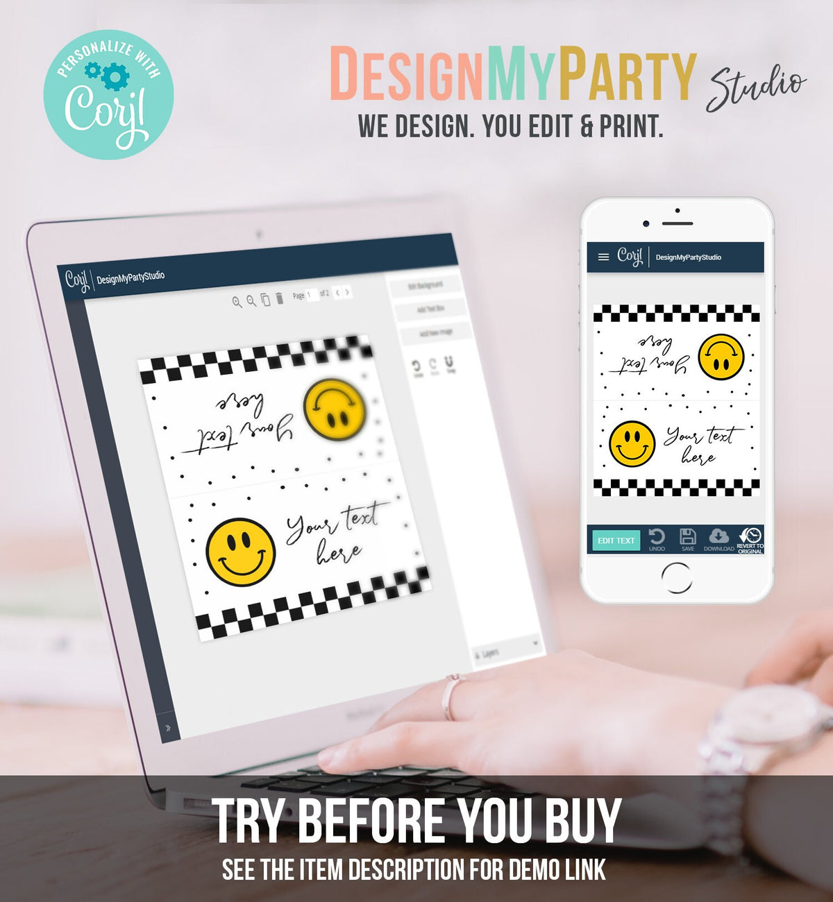 Editable Smiley Emoji Food Labels Birthday Place Card Tent Card Buffet Card One Happy Dude Girl Boy Smiley Face Decor Corjl Template 0456