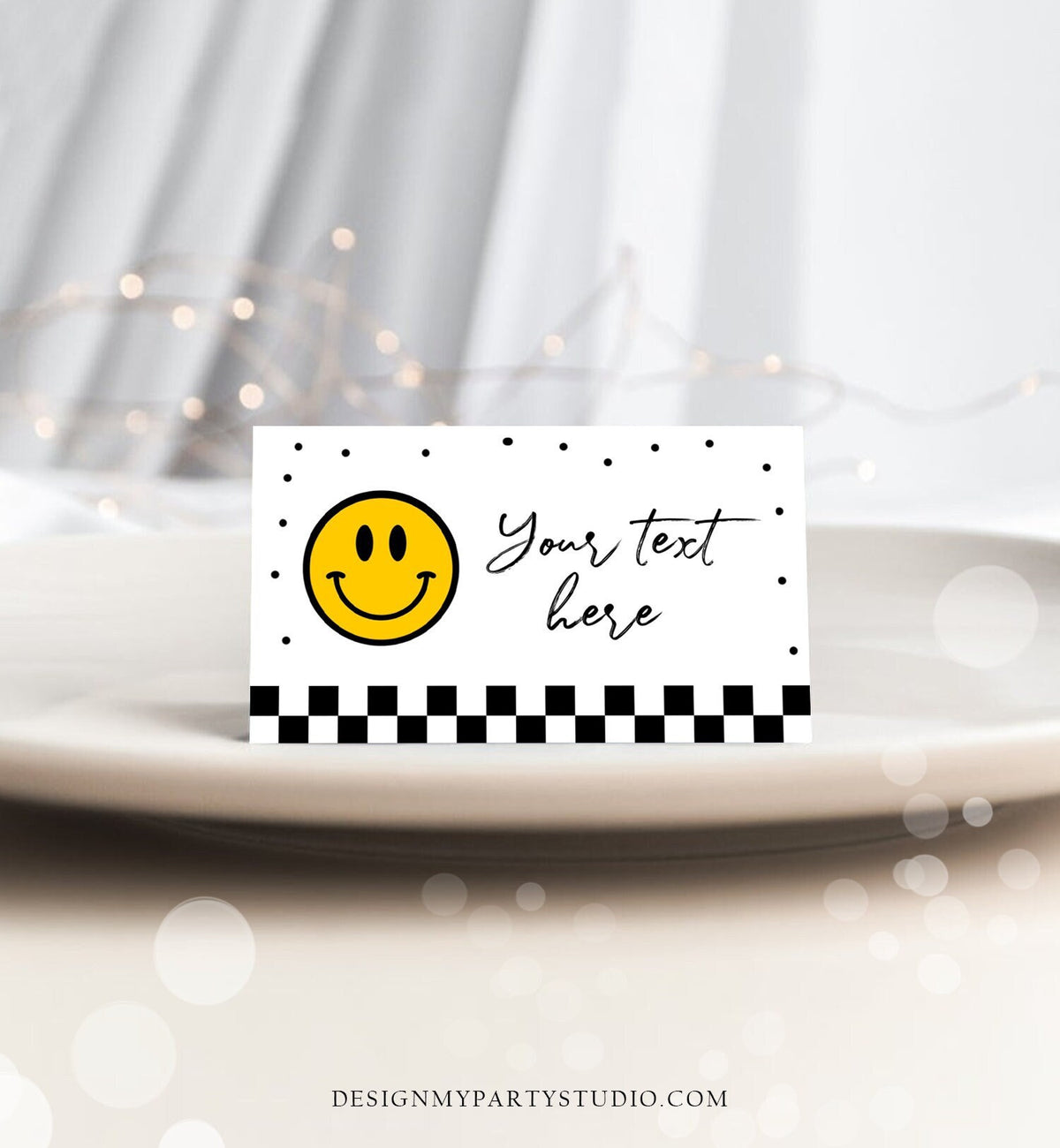 Editable Smiley Emoji Food Labels Birthday Place Card Tent Card Buffet Card One Happy Dude Girl Boy Smiley Face Decor Corjl Template 0456