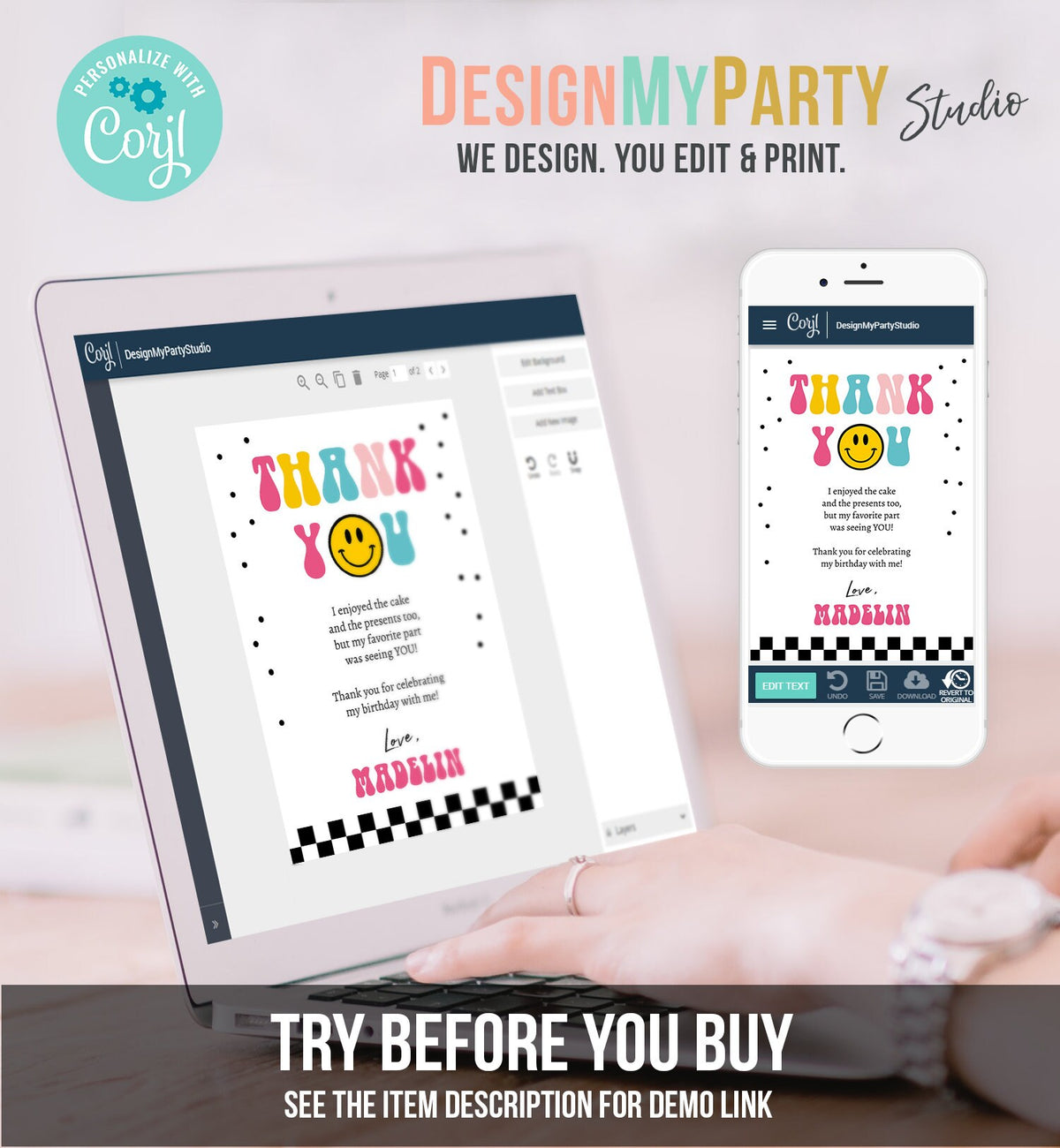 Editable Smiley Face Birthday Thank You Card One Happy Girl Emoji First 1st Thank You Note Download Printable Template Digital Corjl 0456