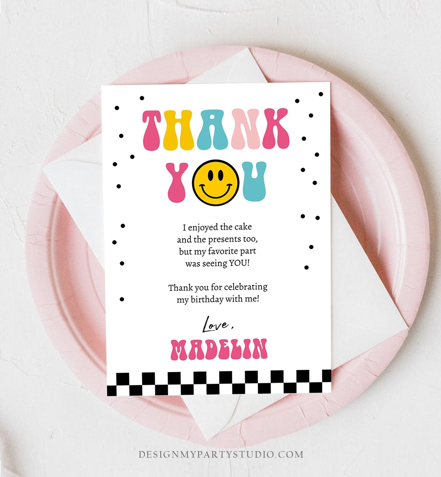 Editable Smiley Face Birthday Thank You Card One Happy Girl Emoji First 1st Thank You Note Download Printable Template Digital Corjl 0456