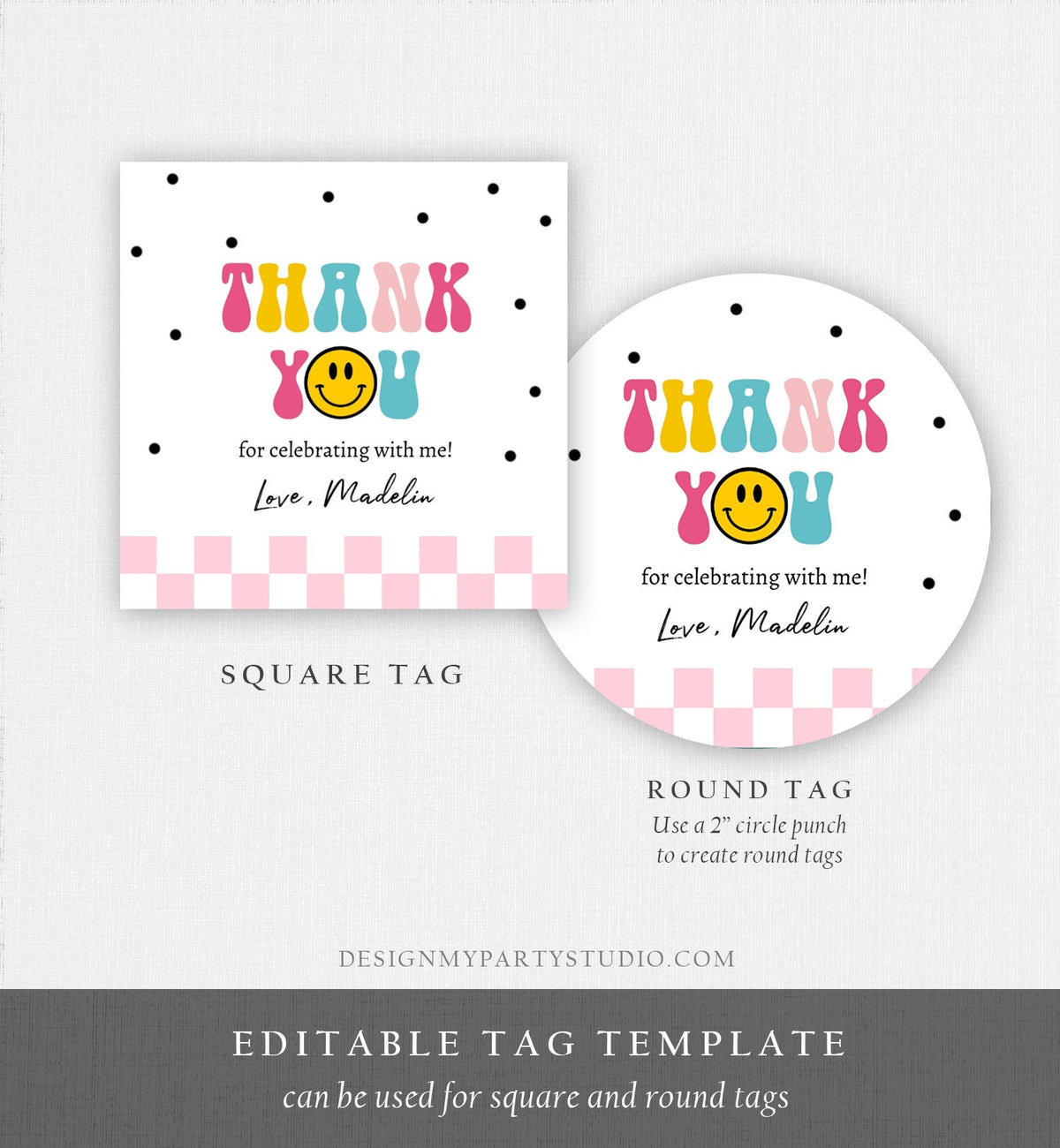 Editable Smiley Face Favor Tags 1st First Birthday One Happy Girl Pink Emoji Stickers Download Corjl Template PRINTABLE 0456