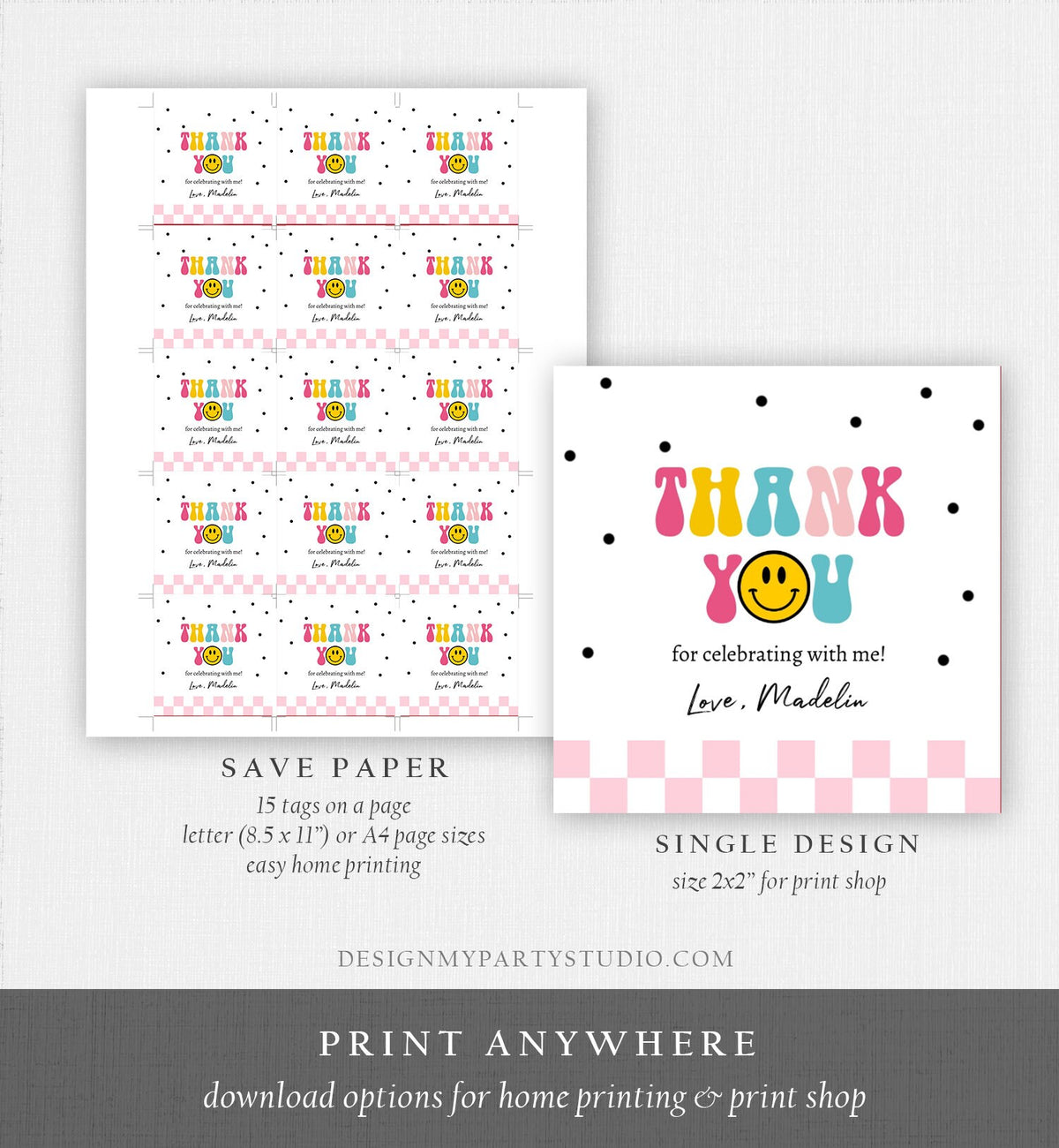 Editable Smiley Face Favor Tags 1st First Birthday One Happy Girl Pink Emoji Stickers Download Corjl Template PRINTABLE 0456