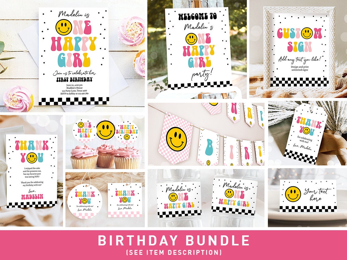 Smiley Birthday Invitation Bundle Girl Pink One Happy Girl Emoji 1st First Birthday Happy Face Retro Emoji Printable Corjl Template 0456