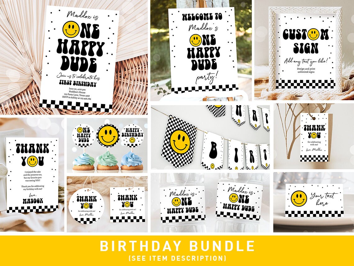 Smiley Birthday Invitation Bundle One Happy Dude Boy Emoji 1st First Birthday Happy Face Retro Emoji Printable Corjl Template 0456
