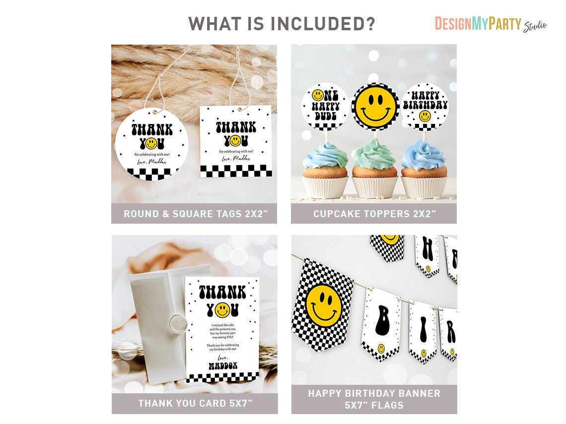 Smiley Birthday Invitation Bundle One Happy Dude Boy Emoji 1st First Birthday Happy Face Retro Emoji Printable Corjl Template 0456
