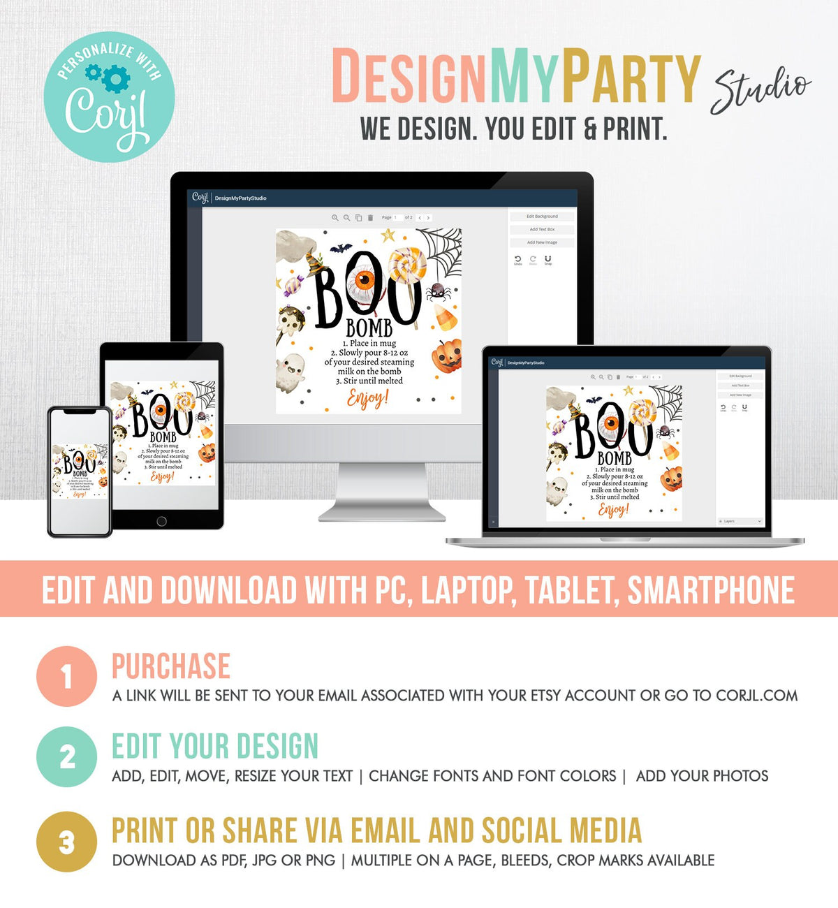 Editable Halloween Hot Chocolate Bomb Tags Bomb Instructions Boo Bomb Halloween Treat Gift Tag Hot Cocoa Tag Ghost Digital PRINTABLE 0261