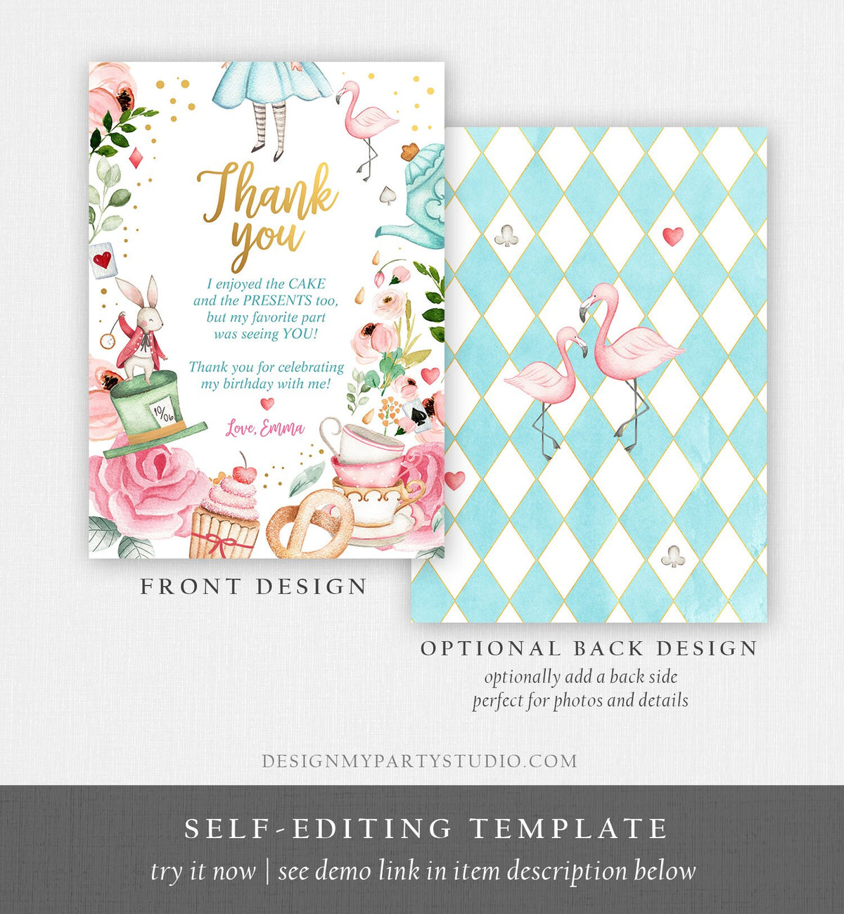 Editable Alice In Wonderland Thank You Card Girl First Birthday 1st Onederland Tea Party Thank You Printable Template Corjl Digital 0350