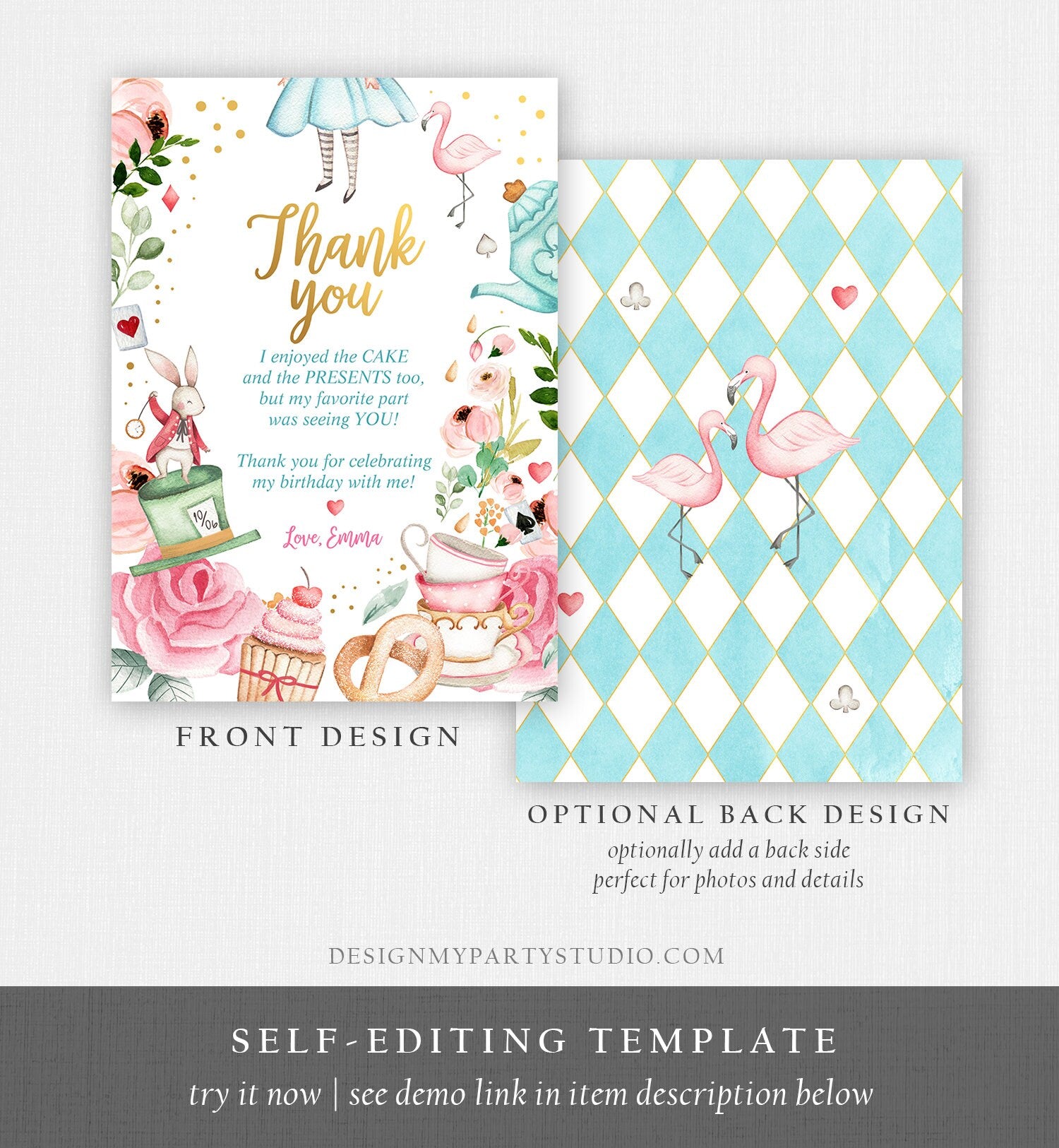 Editable Alice In Wonderland Thank You Card Girl First Birthday 1st Onederland Tea Party Thank You Printable Template Corjl Digital 0350